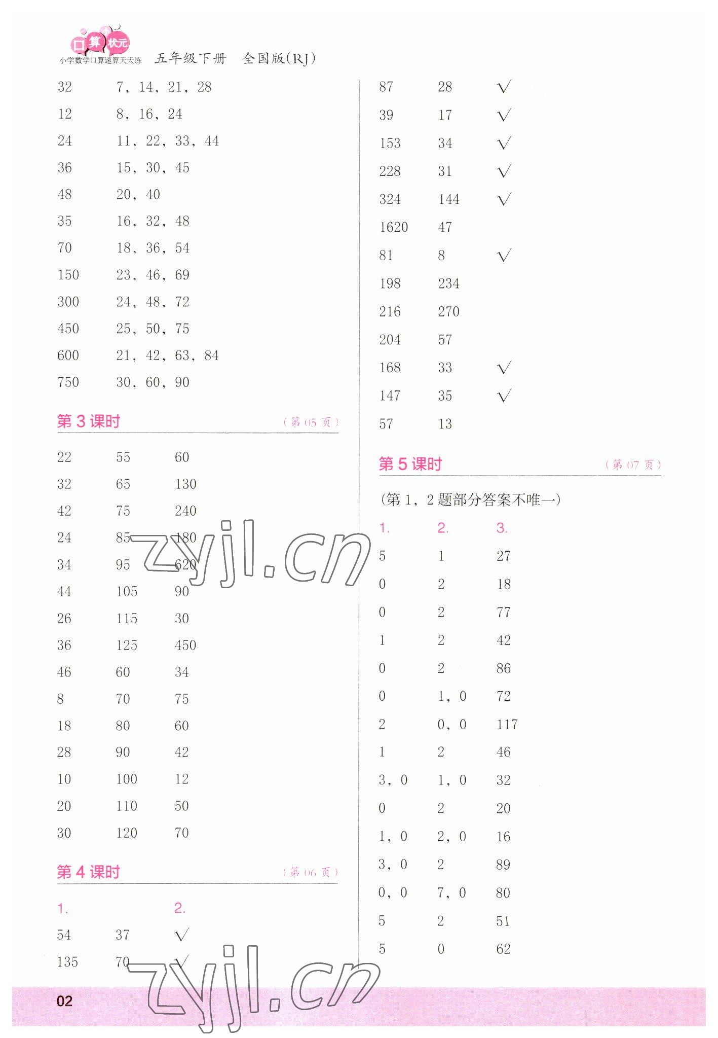 2023年口算小狀元口算速算天天練五年級(jí)數(shù)學(xué)下冊(cè)人教版 參考答案第2頁(yè)