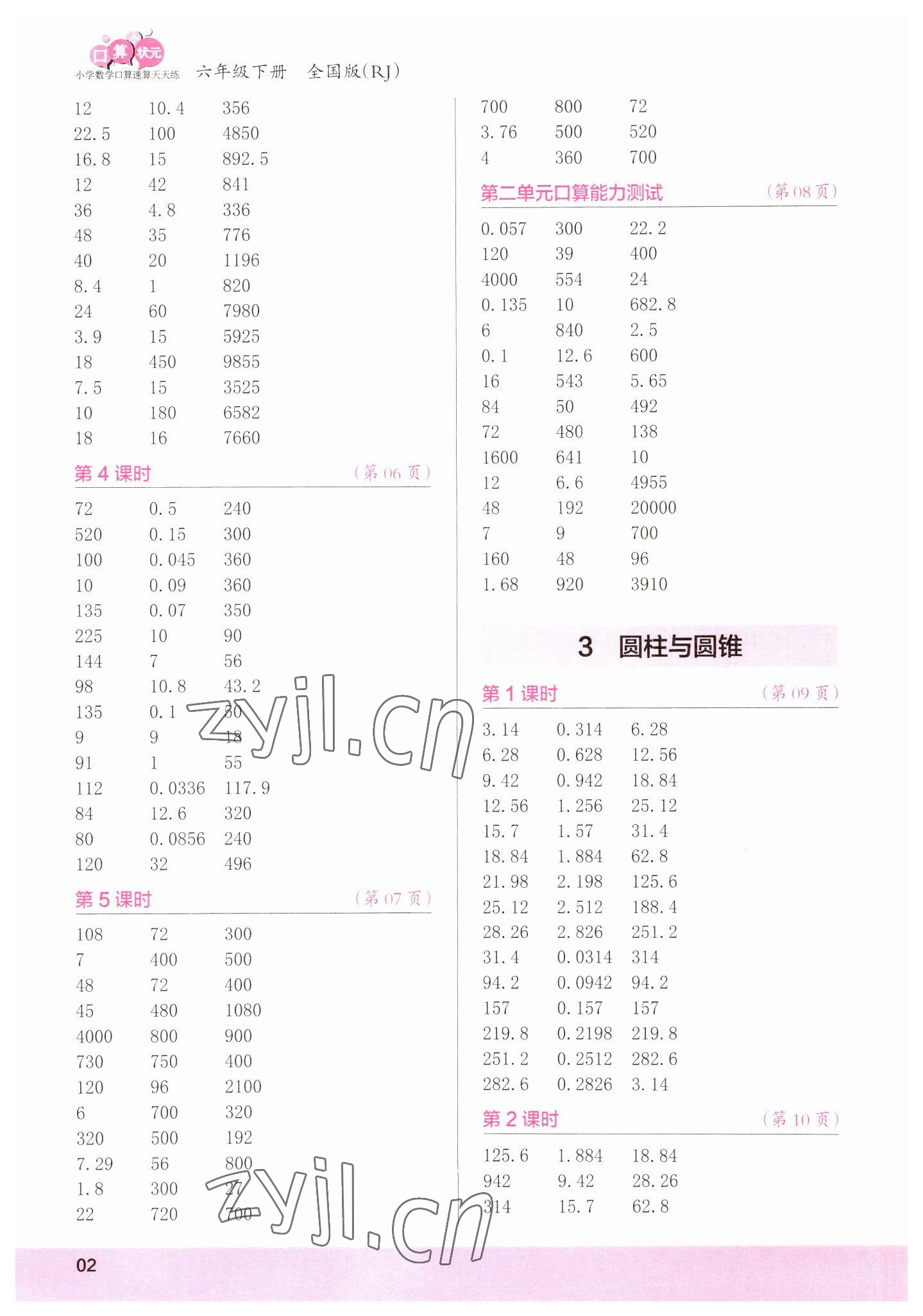 2023年口算小状元口算速算天天练六年级数学下册人教版 参考答案第2页