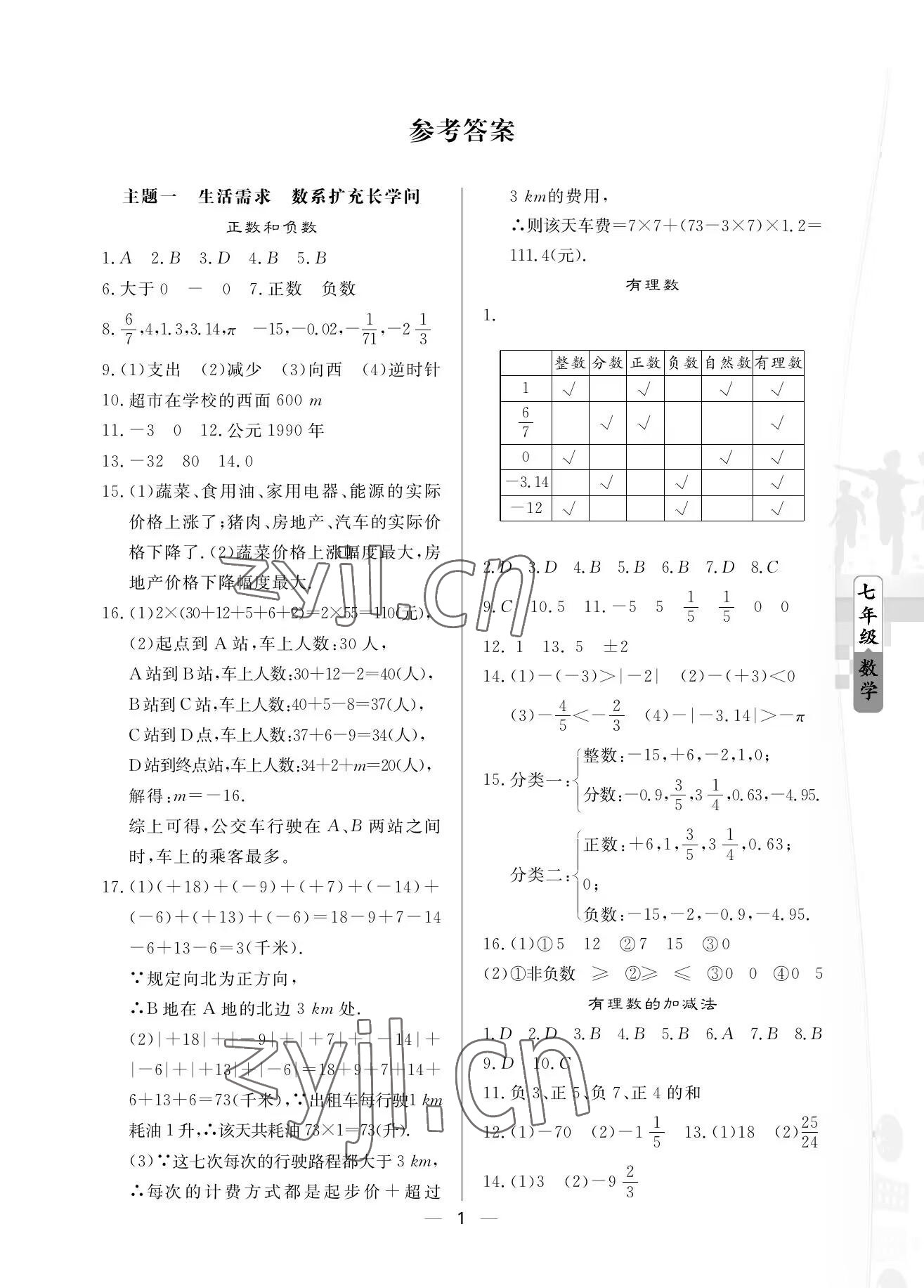 2023年Happy寒假作业快乐寒假七年级数学 参考答案第1页