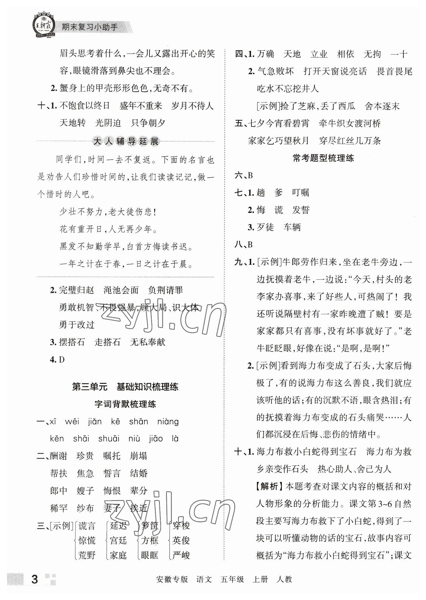 2022年王朝霞期末試卷研究五年級語文上冊人教版安徽專版 參考答案第3頁