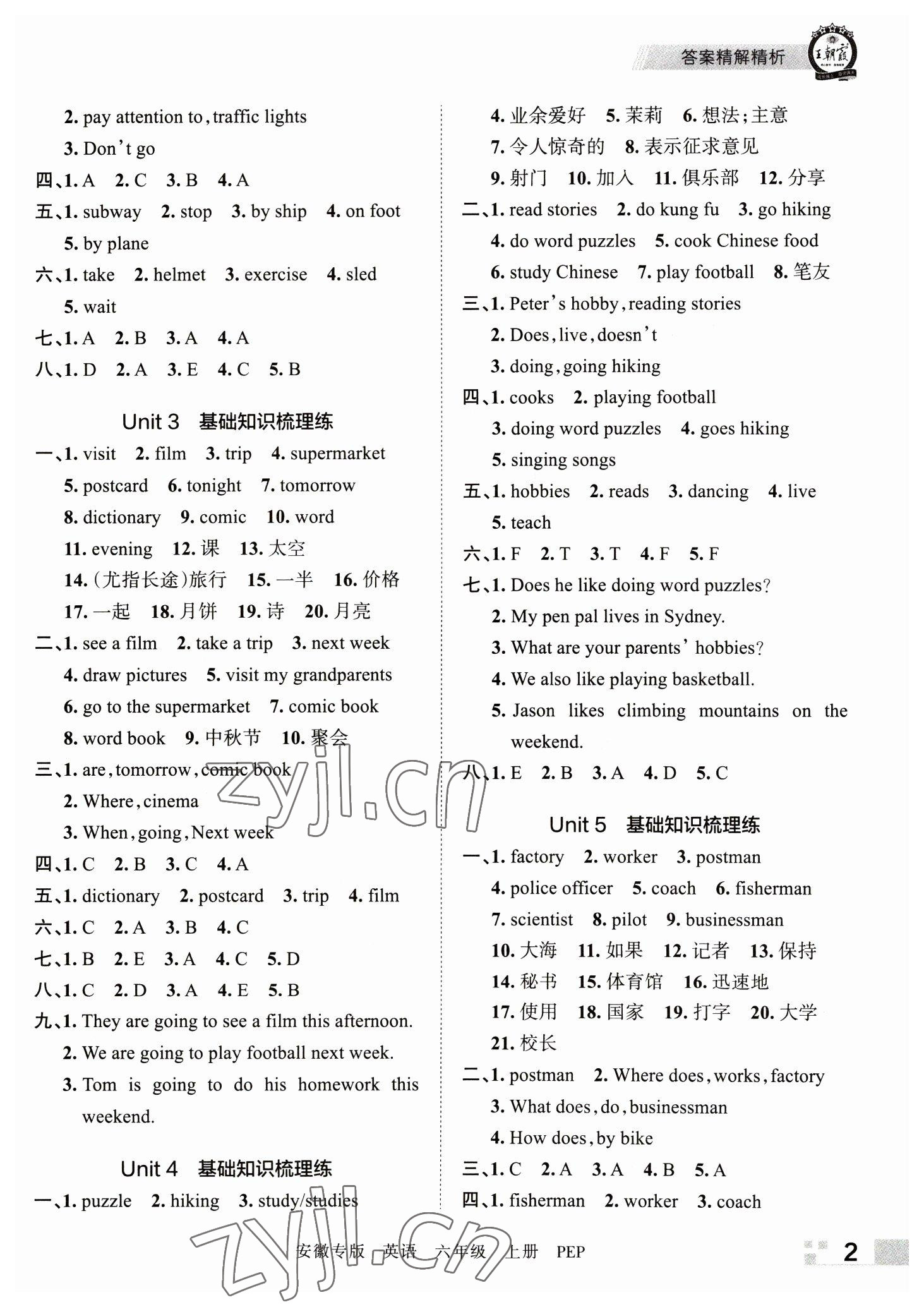 2022年王朝霞期末試卷研究六年級英語上冊人教版安徽專版 參考答案第2頁