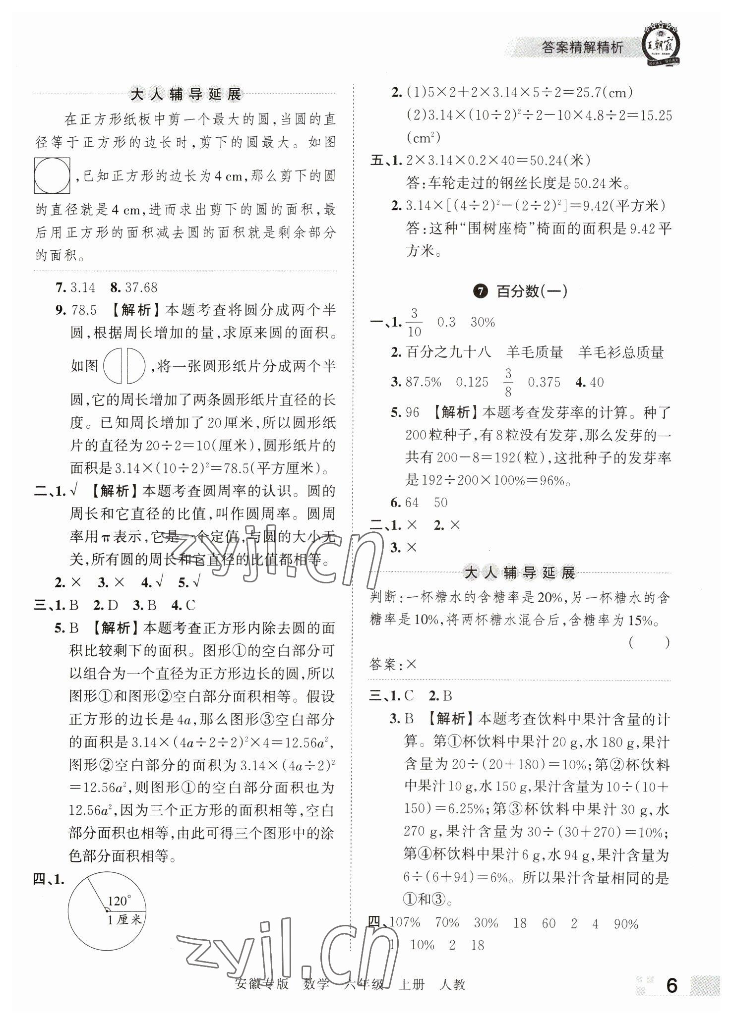 2022年王朝霞期末試卷研究六年級數(shù)學(xué)上冊人教版安徽專版 參考答案第6頁