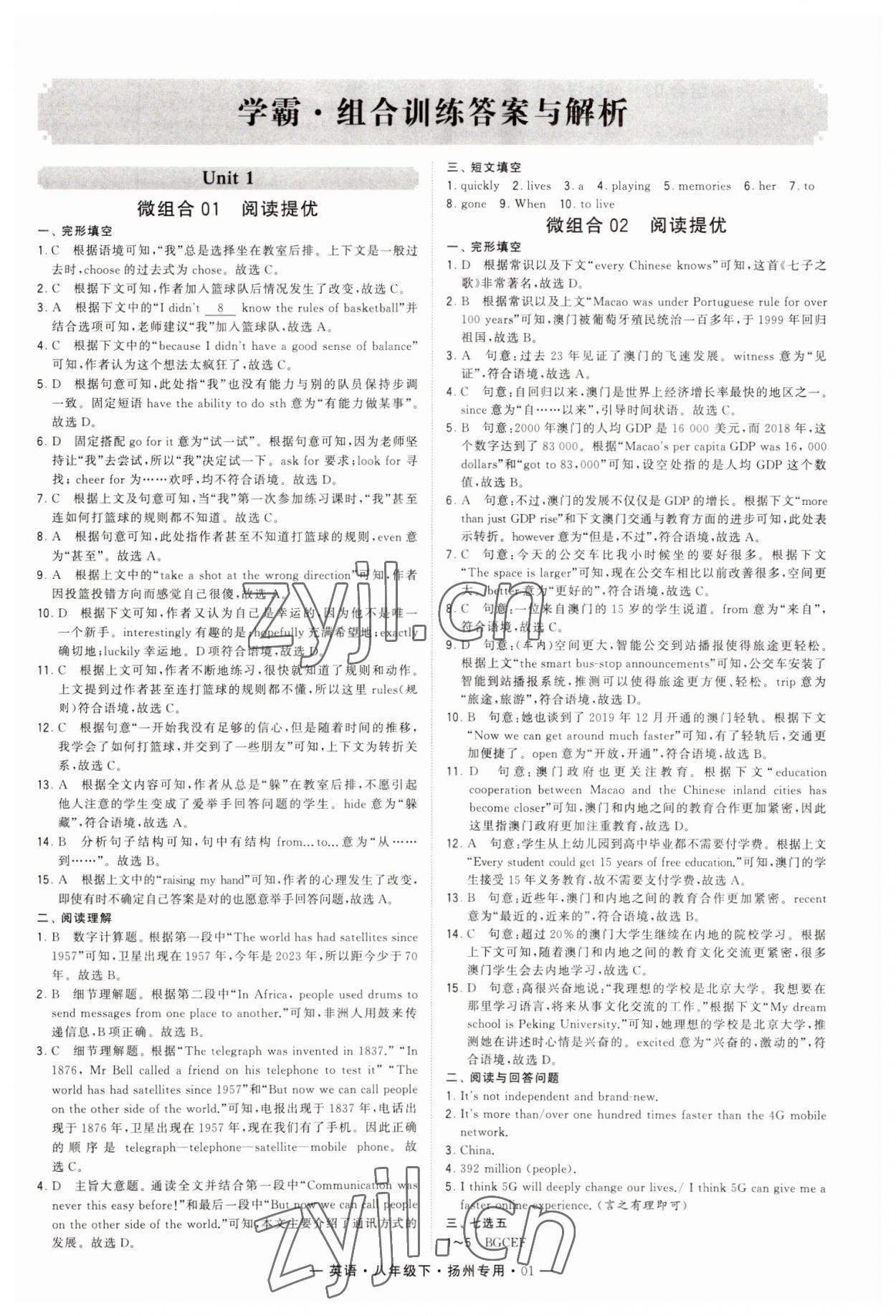 2023年學(xué)霸組合訓(xùn)練八年級(jí)英語(yǔ)下冊(cè)譯林版揚(yáng)州專用 參考答案第8頁(yè)