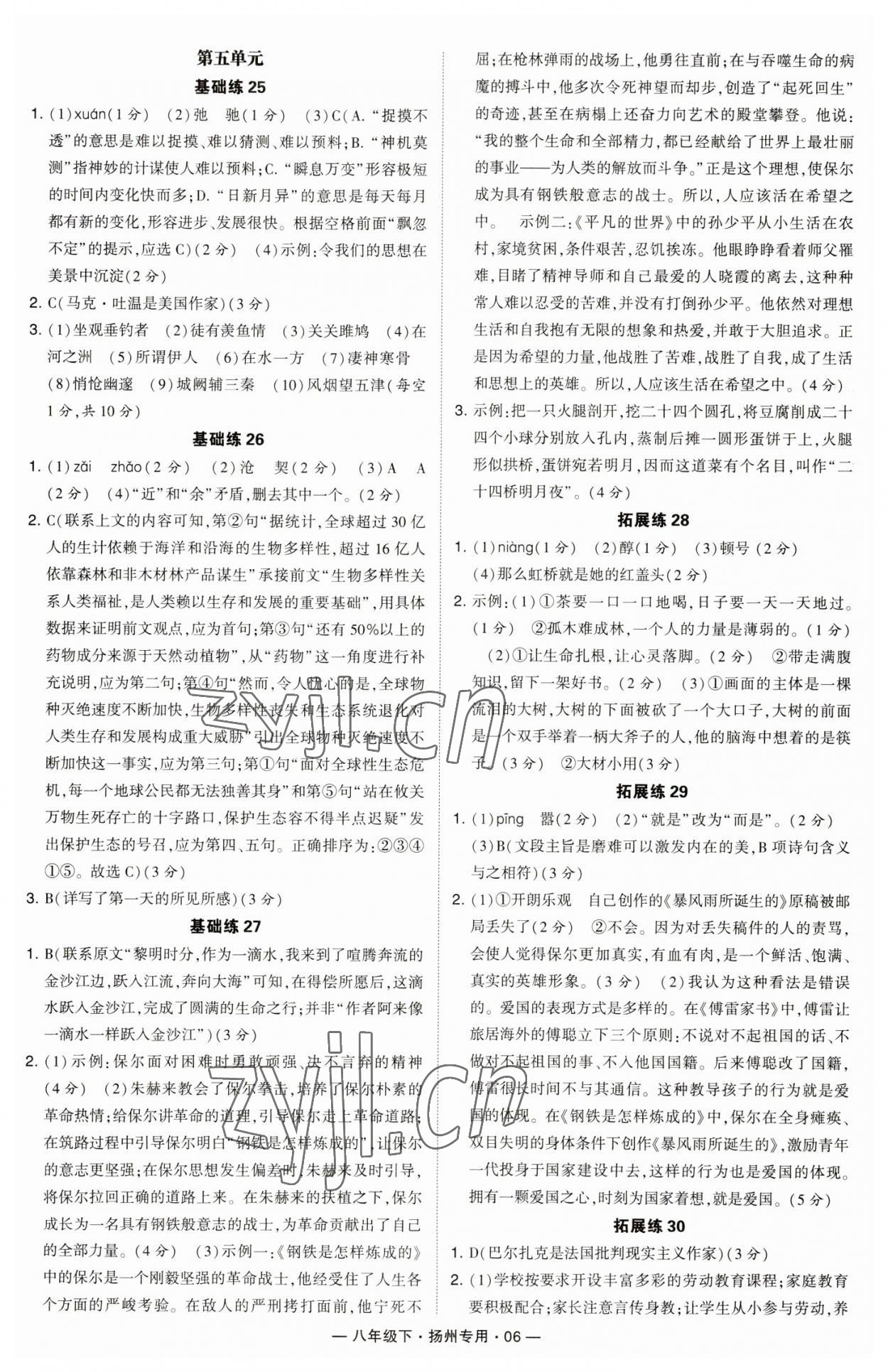 2023年學霸組合訓練八年級語文下冊人教版揚州專版 參考答案第6頁