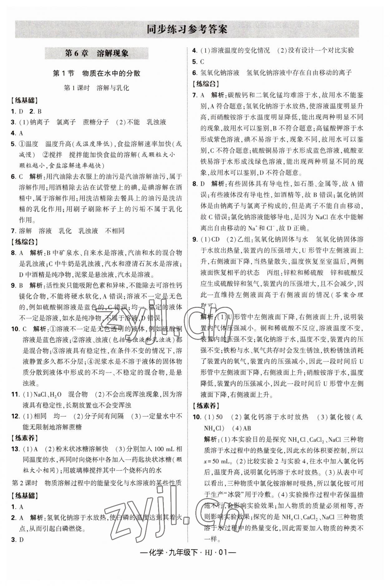 2023年經(jīng)綸學典課時作業(yè)九年級化學下冊滬教版 參考答案第1頁