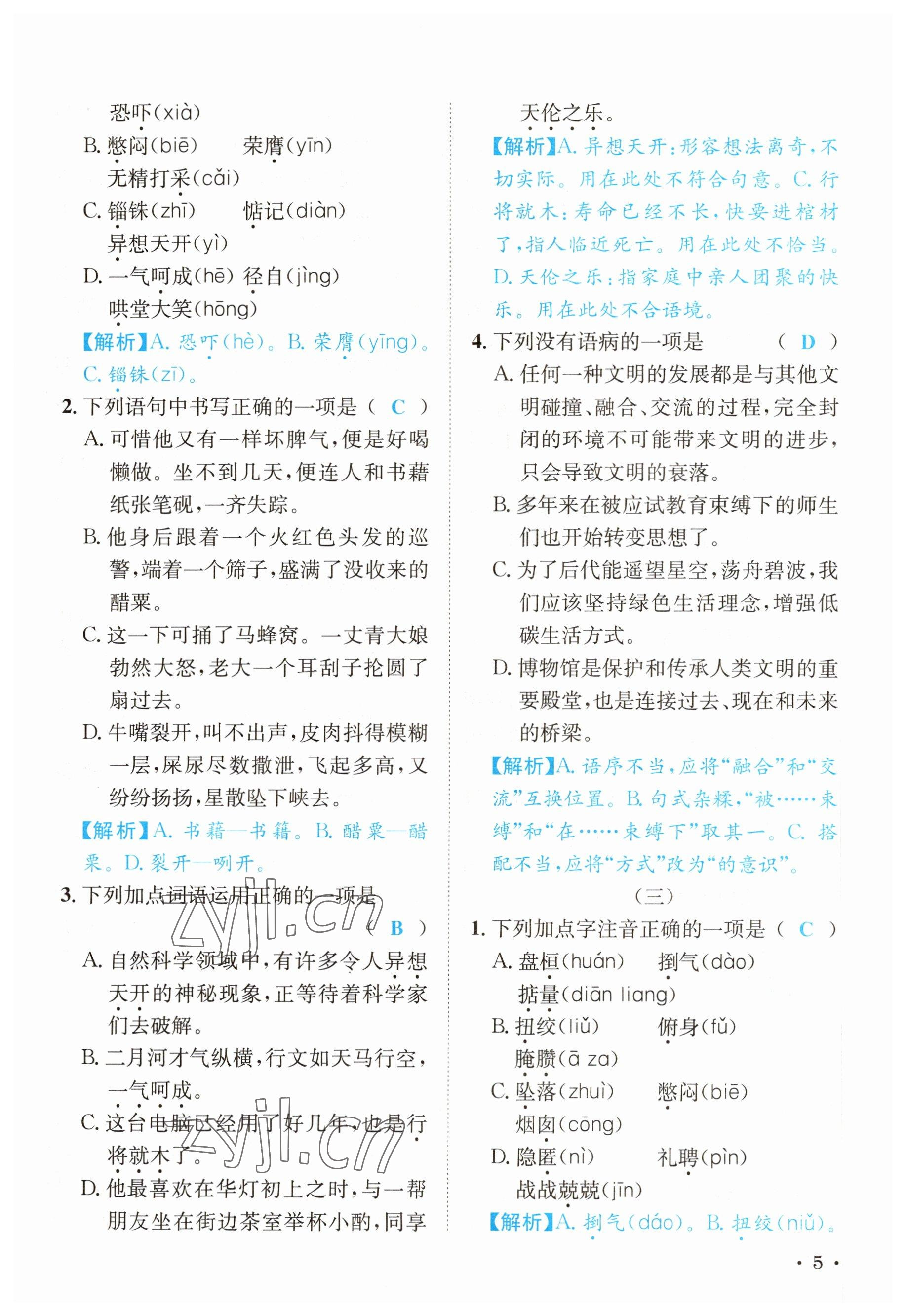 2023年蓉城學(xué)霸九年級(jí)語(yǔ)文下冊(cè)人教版 參考答案第5頁(yè)