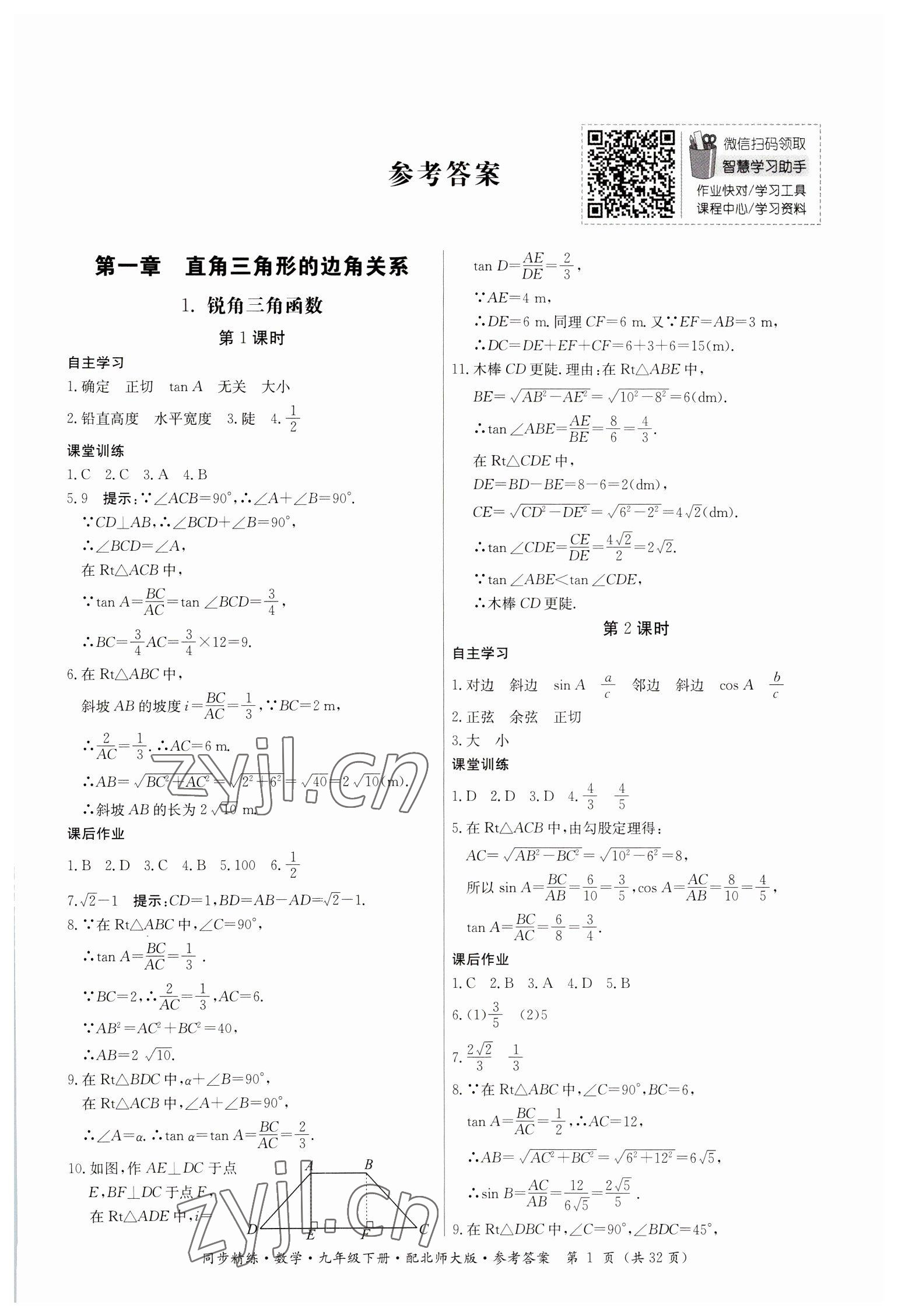 2023年同步精練廣東人民出版社九年級數(shù)學(xué)下冊北師大版 參考答案第1頁