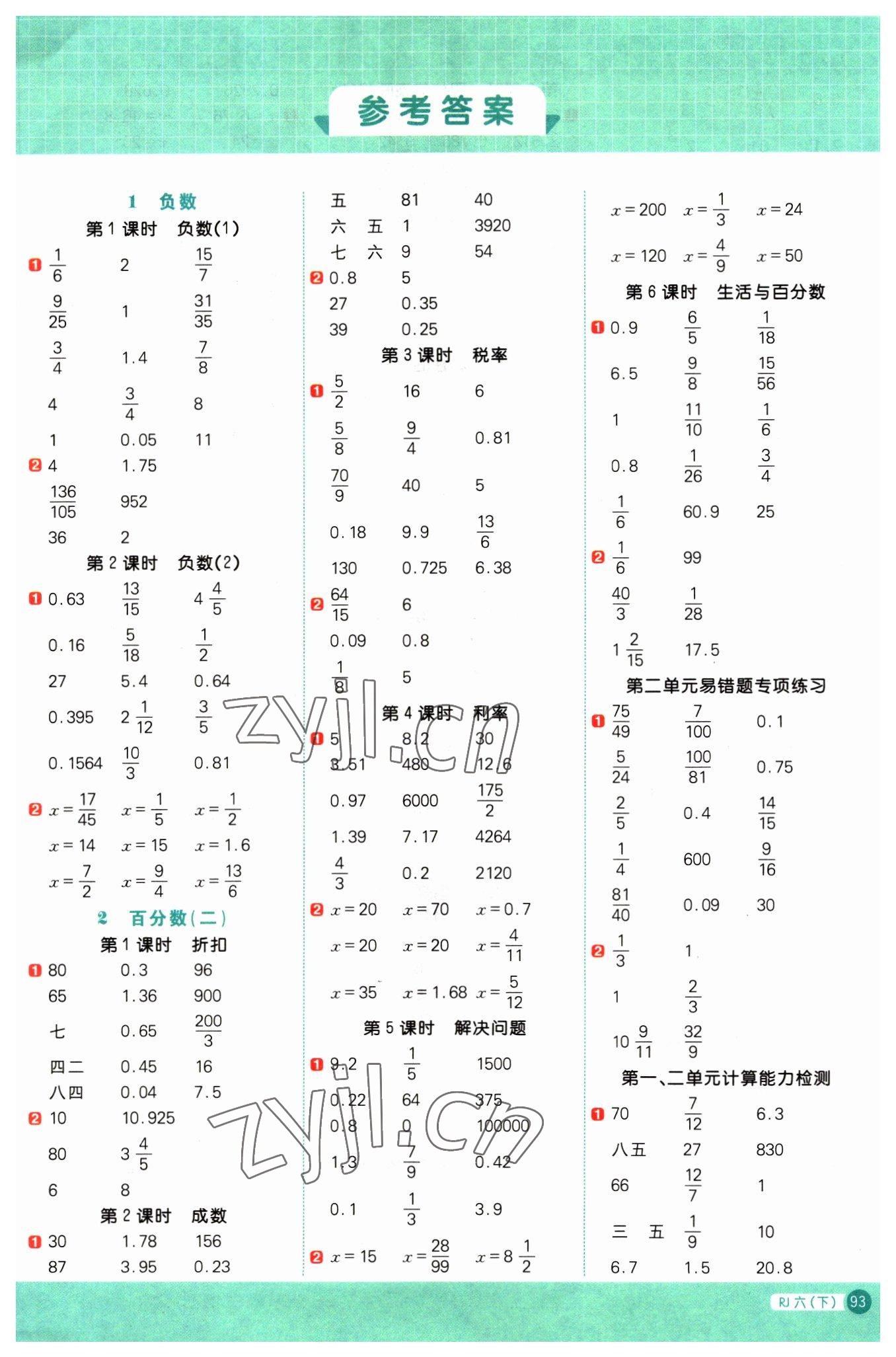 2023年陽光同學計算小達人六年級數(shù)學下冊人教版 第1頁