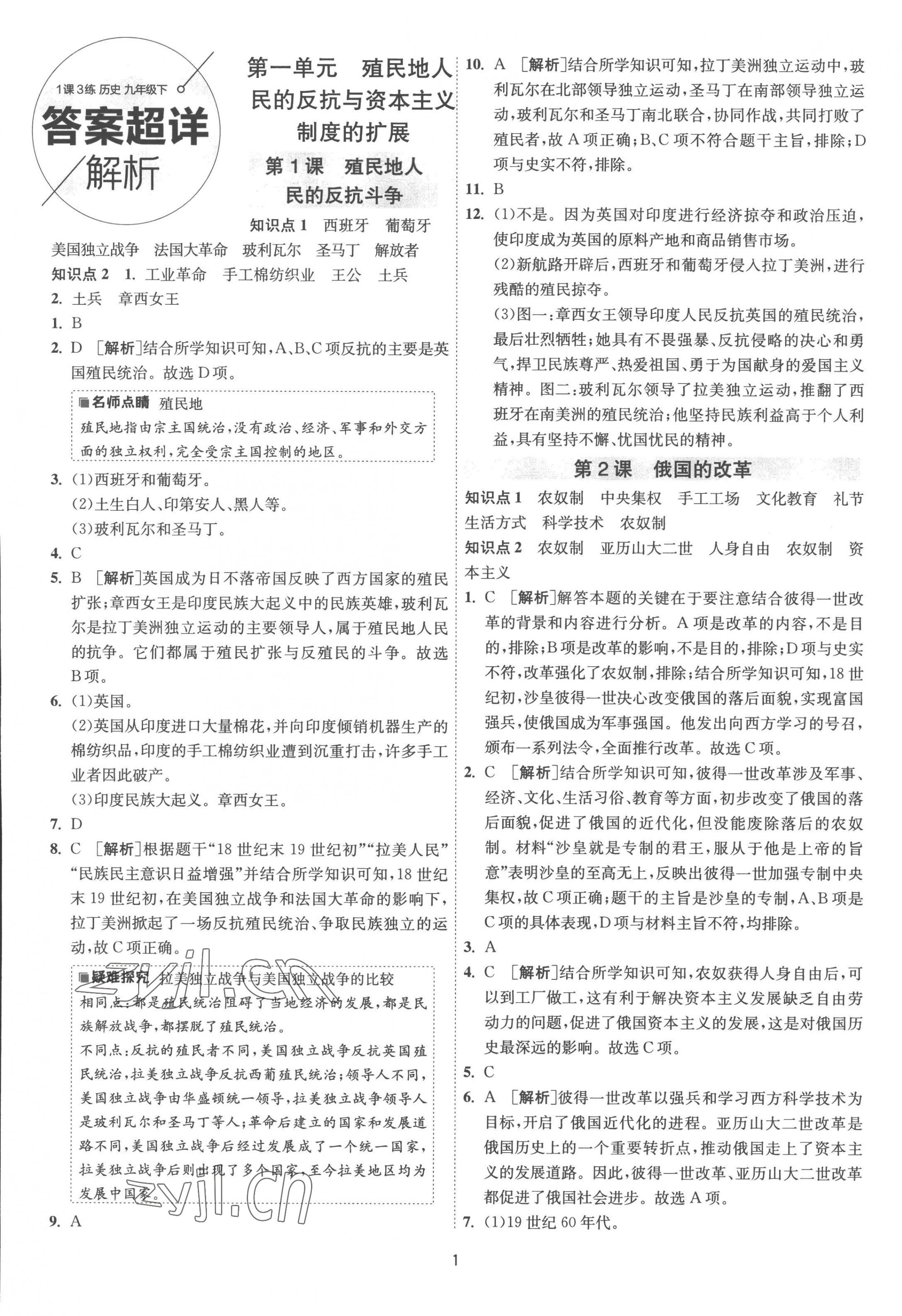 2023年1課3練單元達標(biāo)測試九年級歷史下冊人教版 第1頁