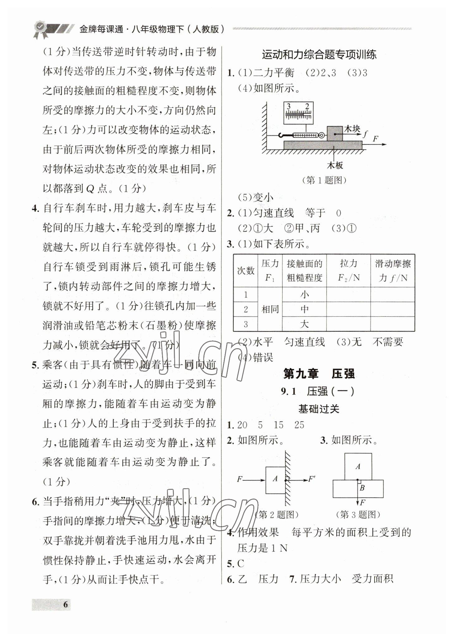 2023年點石成金金牌每課通八年級物理下冊人教版 參考答案第6頁