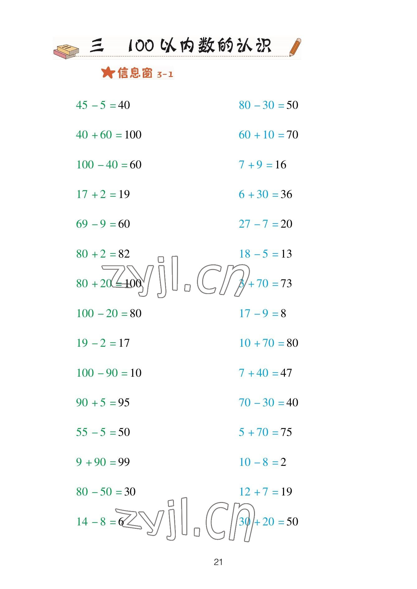 2023年口算天天練青島出版社一年級數(shù)學(xué)下冊青島版 參考答案第21頁