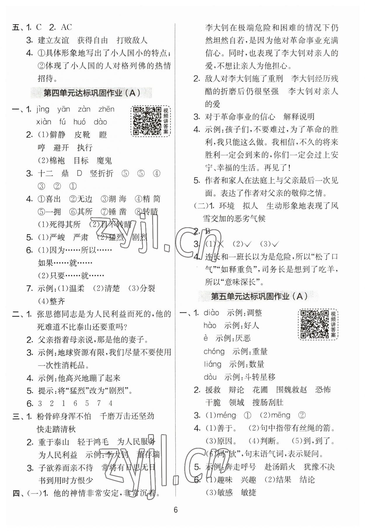 2023年實(shí)驗(yàn)班提優(yōu)大考卷六年級語文下冊人教版 參考答案第6頁