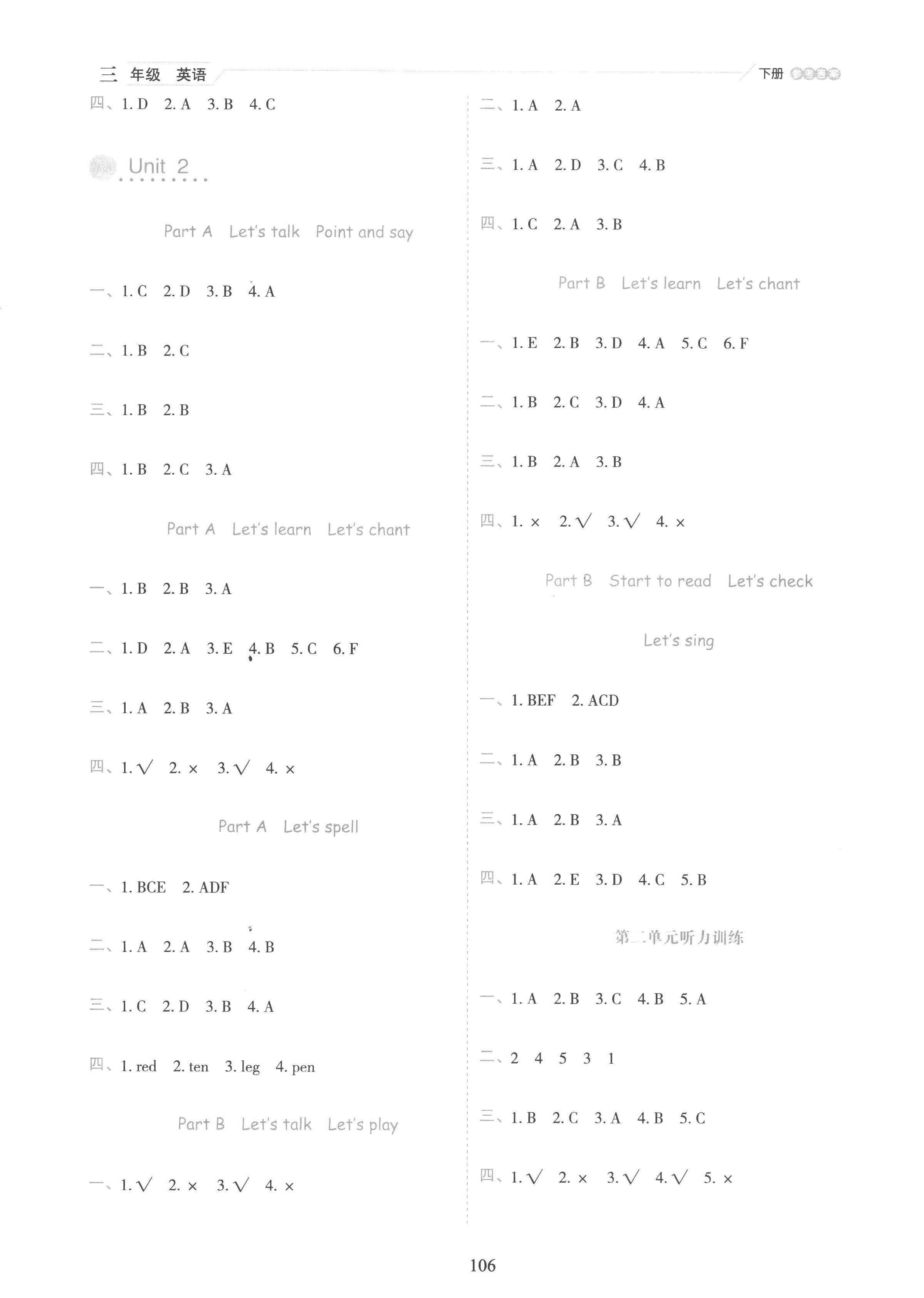 2023年優(yōu)秀生作業(yè)本三年級(jí)英語(yǔ)下冊(cè)人教版 參考答案第2頁(yè)