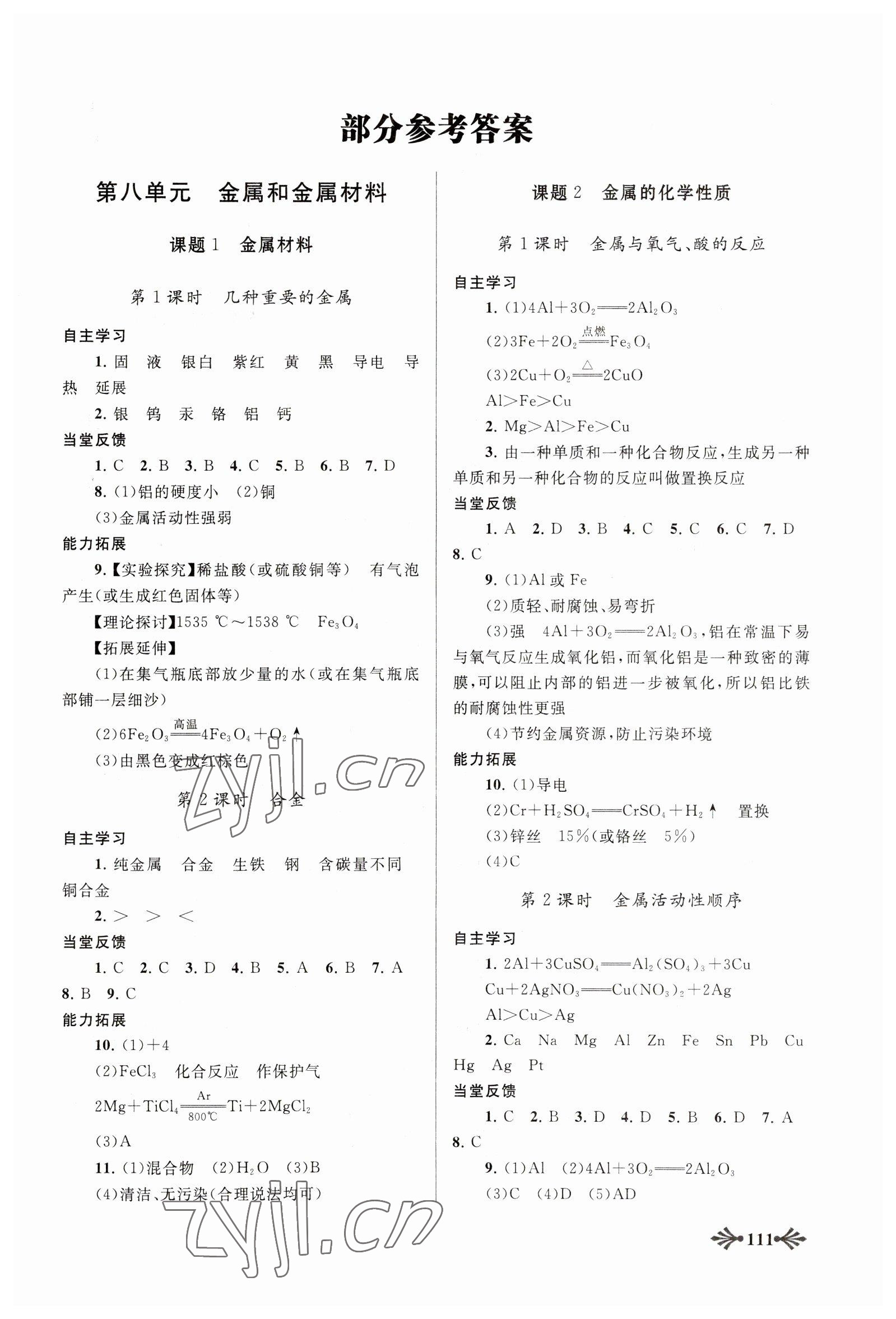 2023年自主學(xué)習(xí)當(dāng)堂反饋九年級(jí)化學(xué)下冊(cè)人教版 參考答案第1頁(yè)