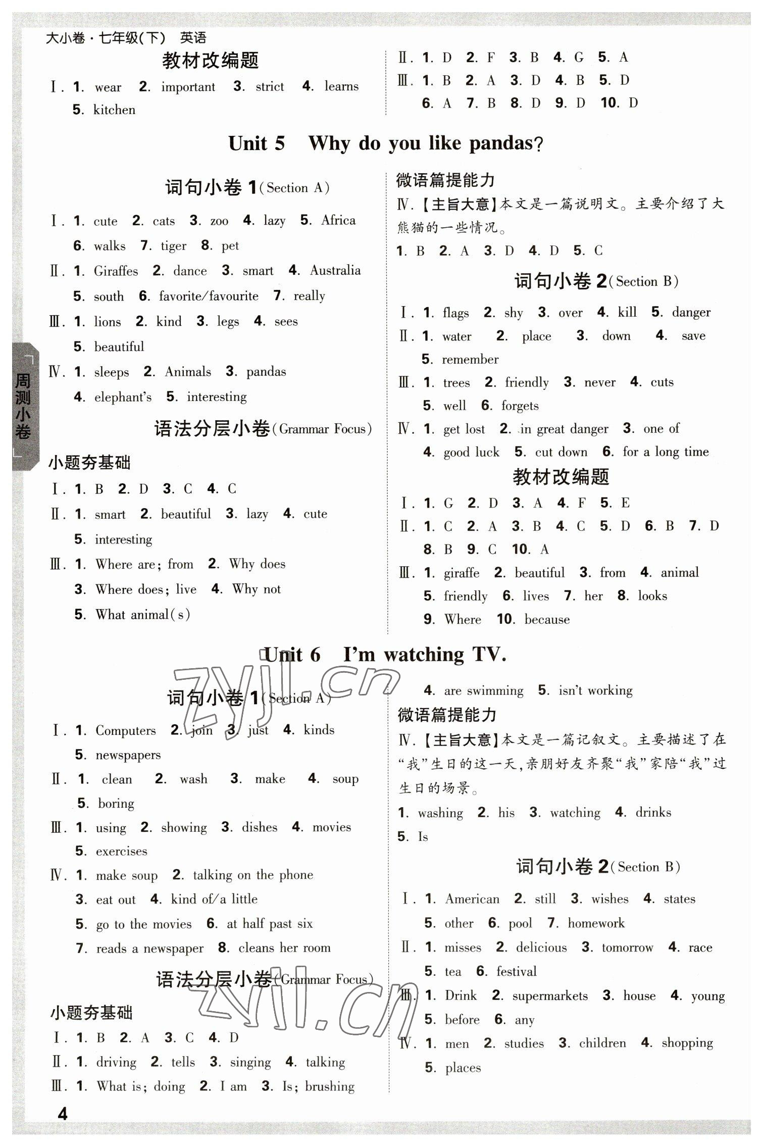 2023年万唯中考大小卷七年级英语下册人教版 参考答案第3页