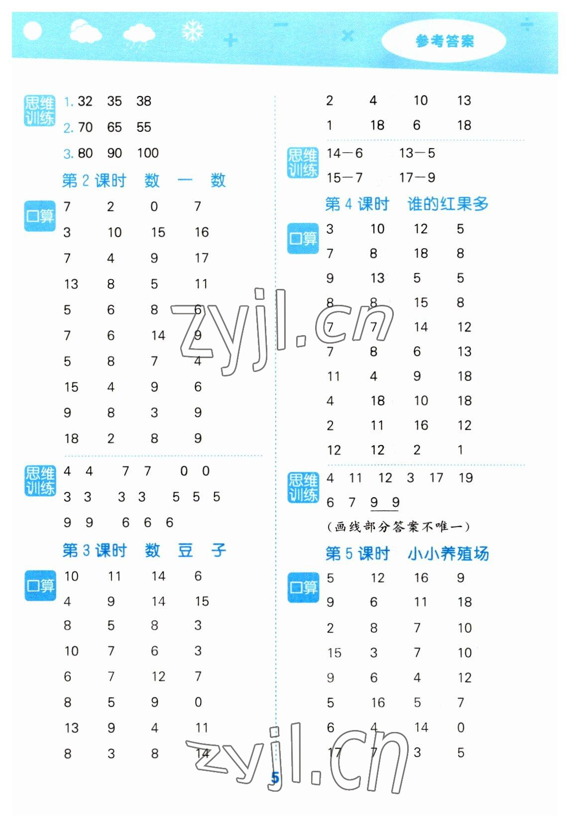 2023年口算大通關(guān)一年級數(shù)學(xué)下冊北師大版 參考答案第5頁