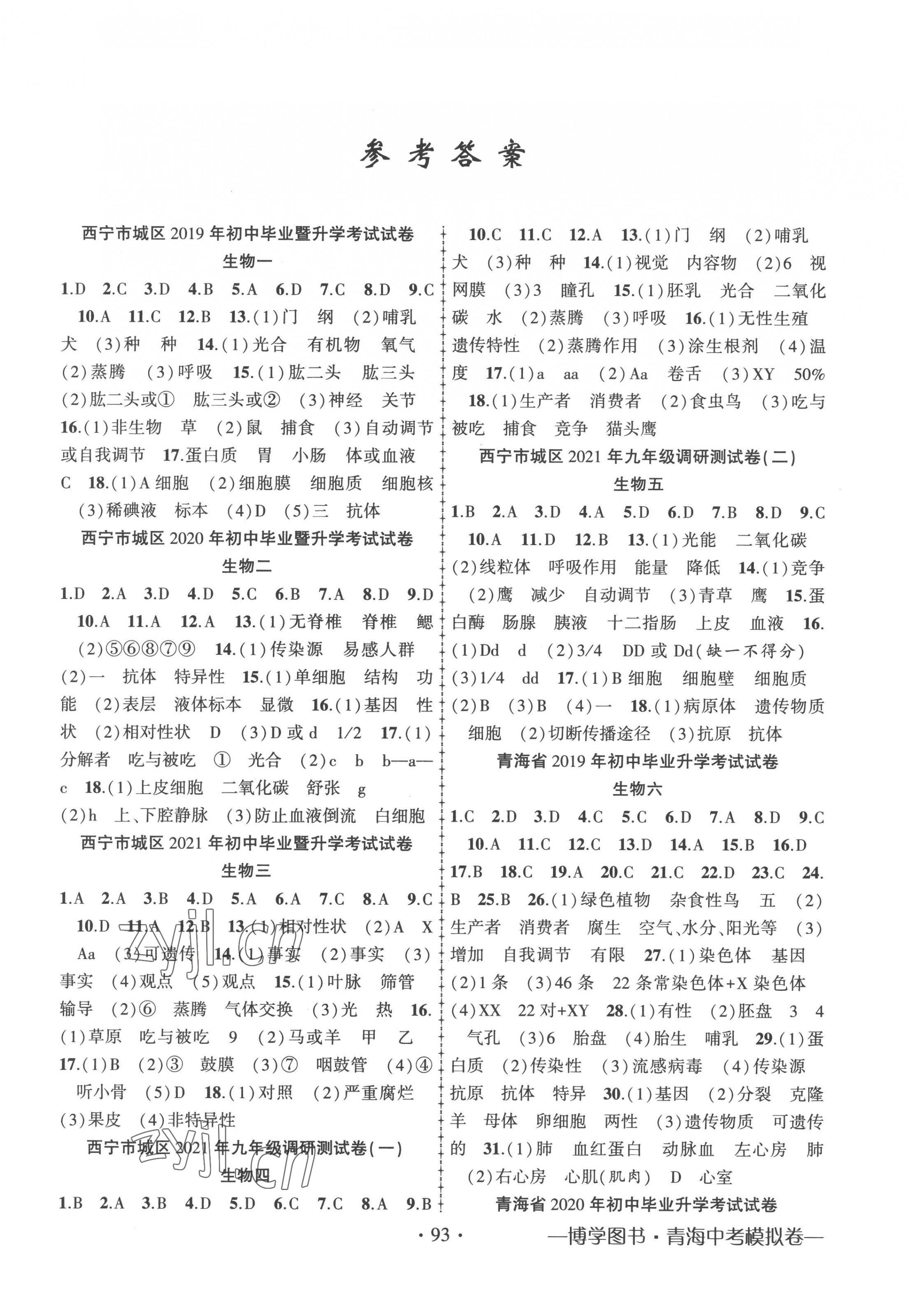 2023年青海省金榜名卷初中學業(yè)水平測試卷生物 第1頁