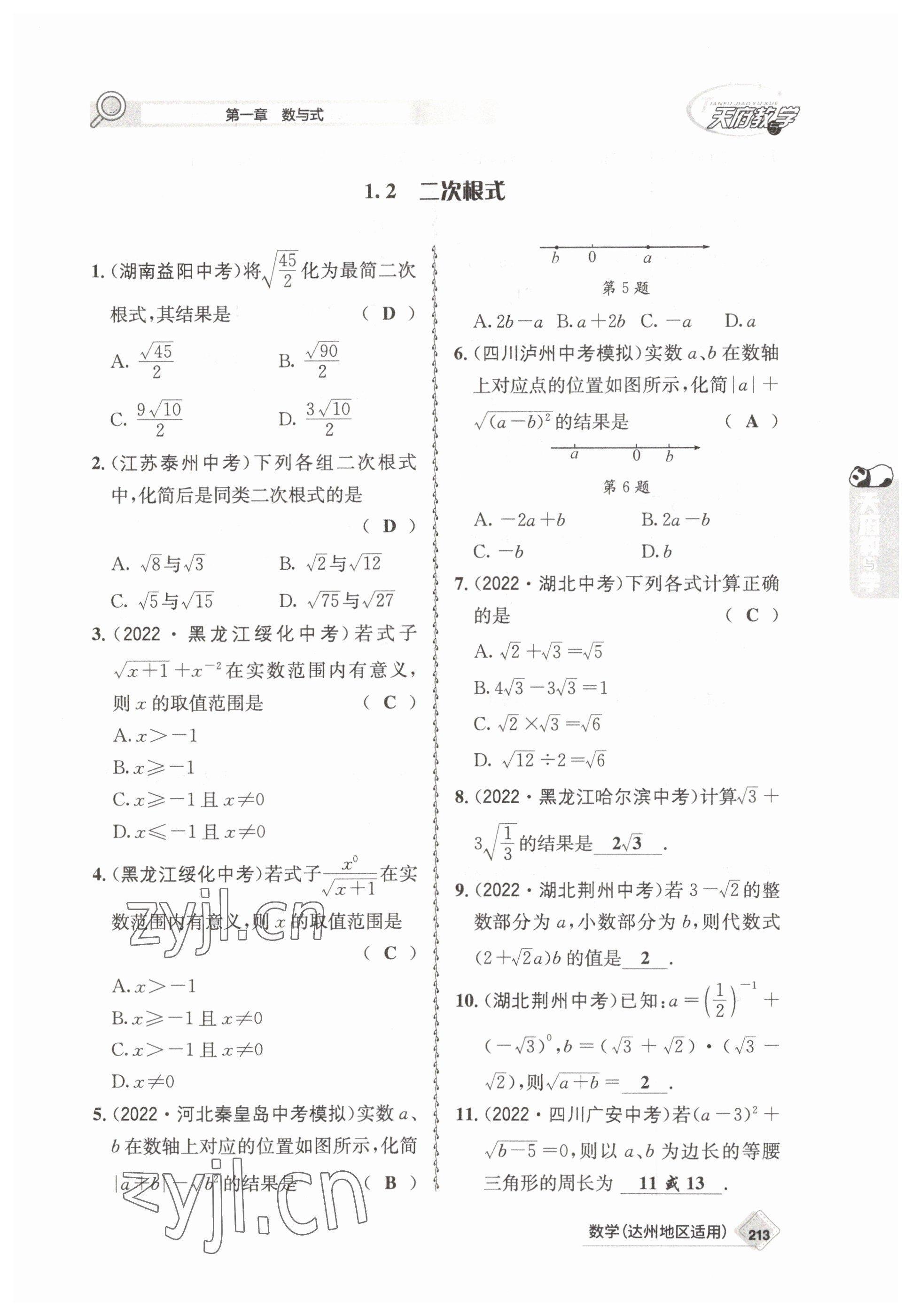 2023年天府教與學(xué)中考復(fù)習(xí)與訓(xùn)練數(shù)學(xué)達(dá)州專版 參考答案第3頁