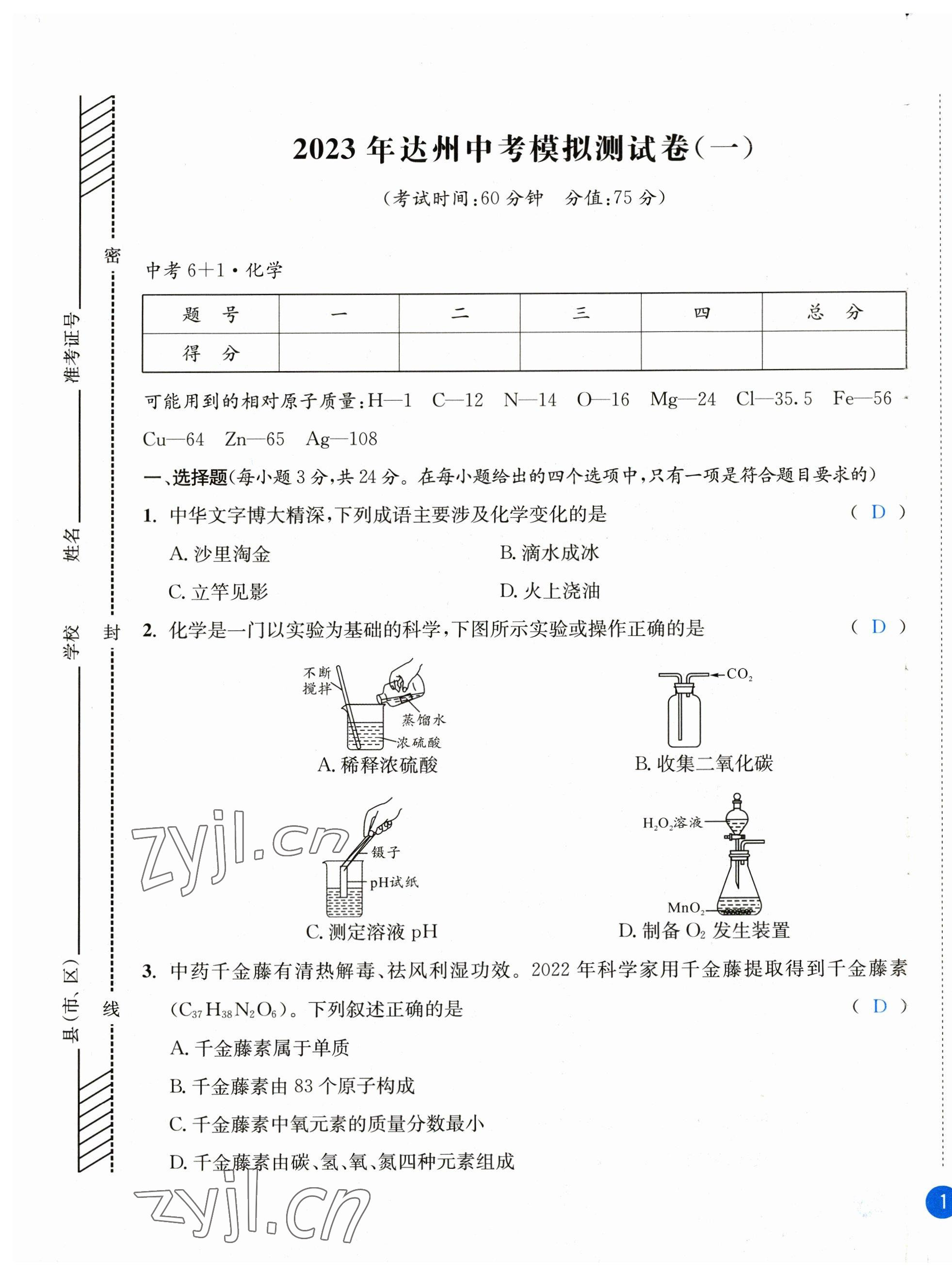 2023年中考6加1化學魯教版達州專版 第1頁