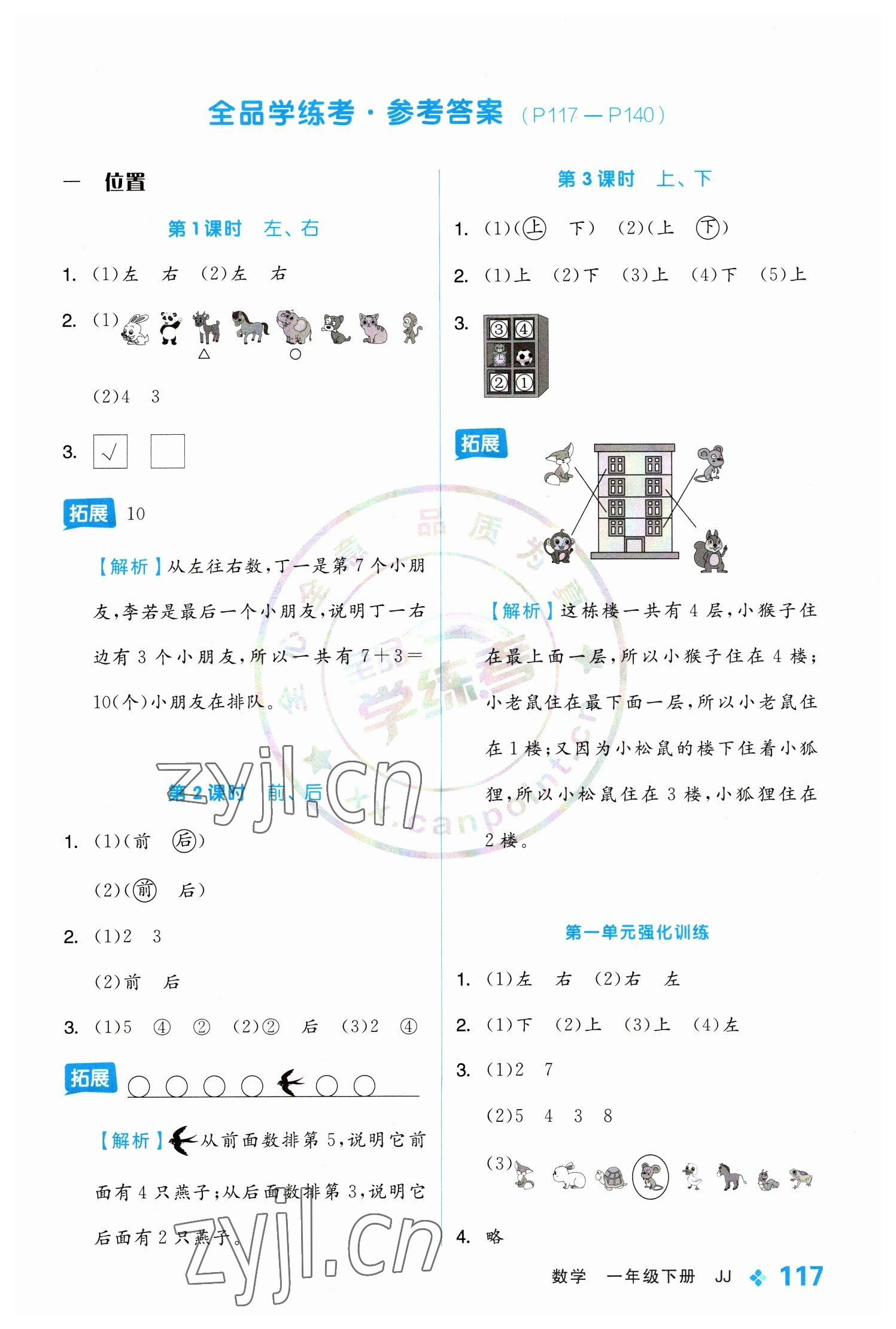 2023年全品學(xué)練考一年級數(shù)學(xué)下冊冀教版 參考答案第1頁