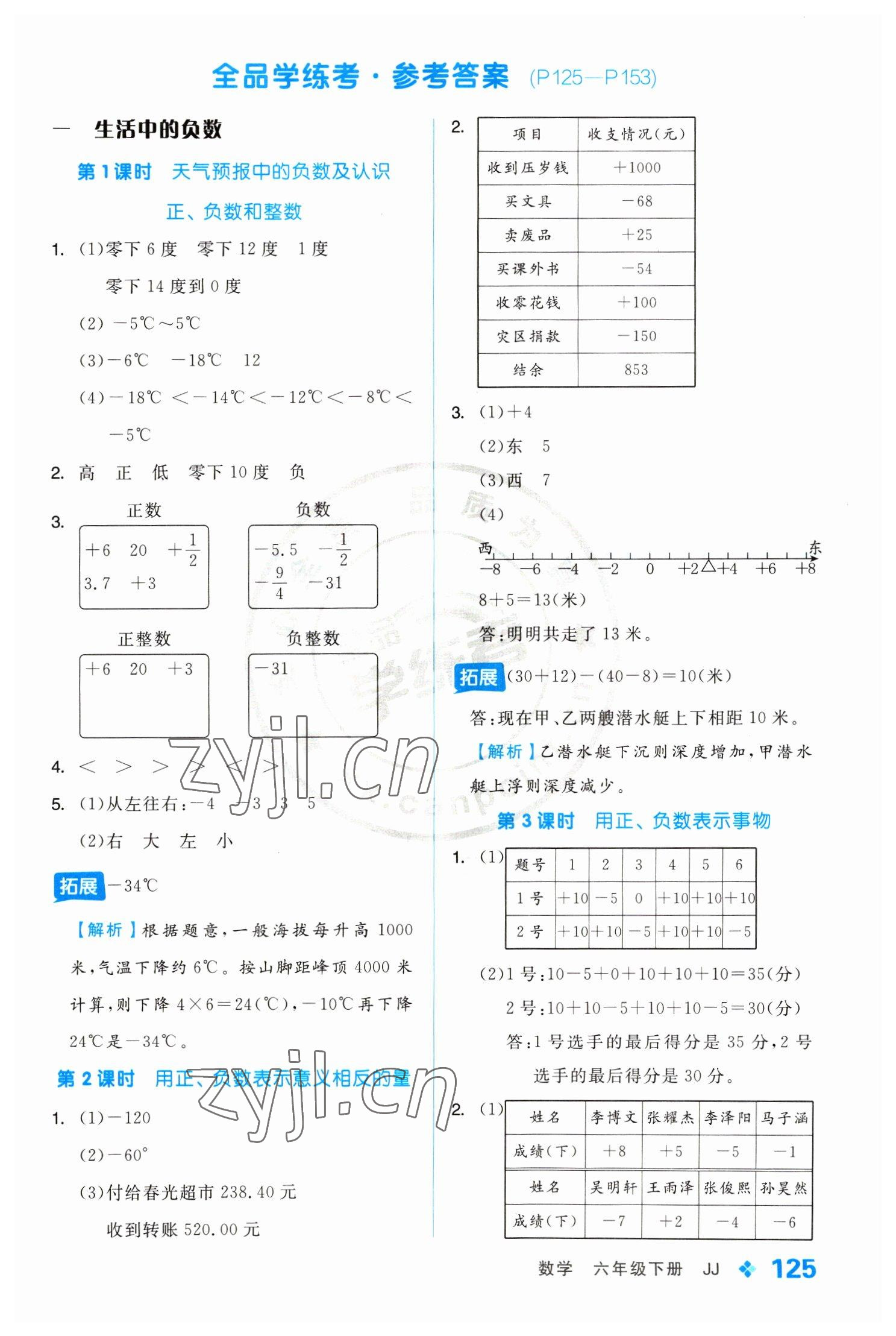 2023年全品学练考六年级数学下册冀教版 参考答案第1页