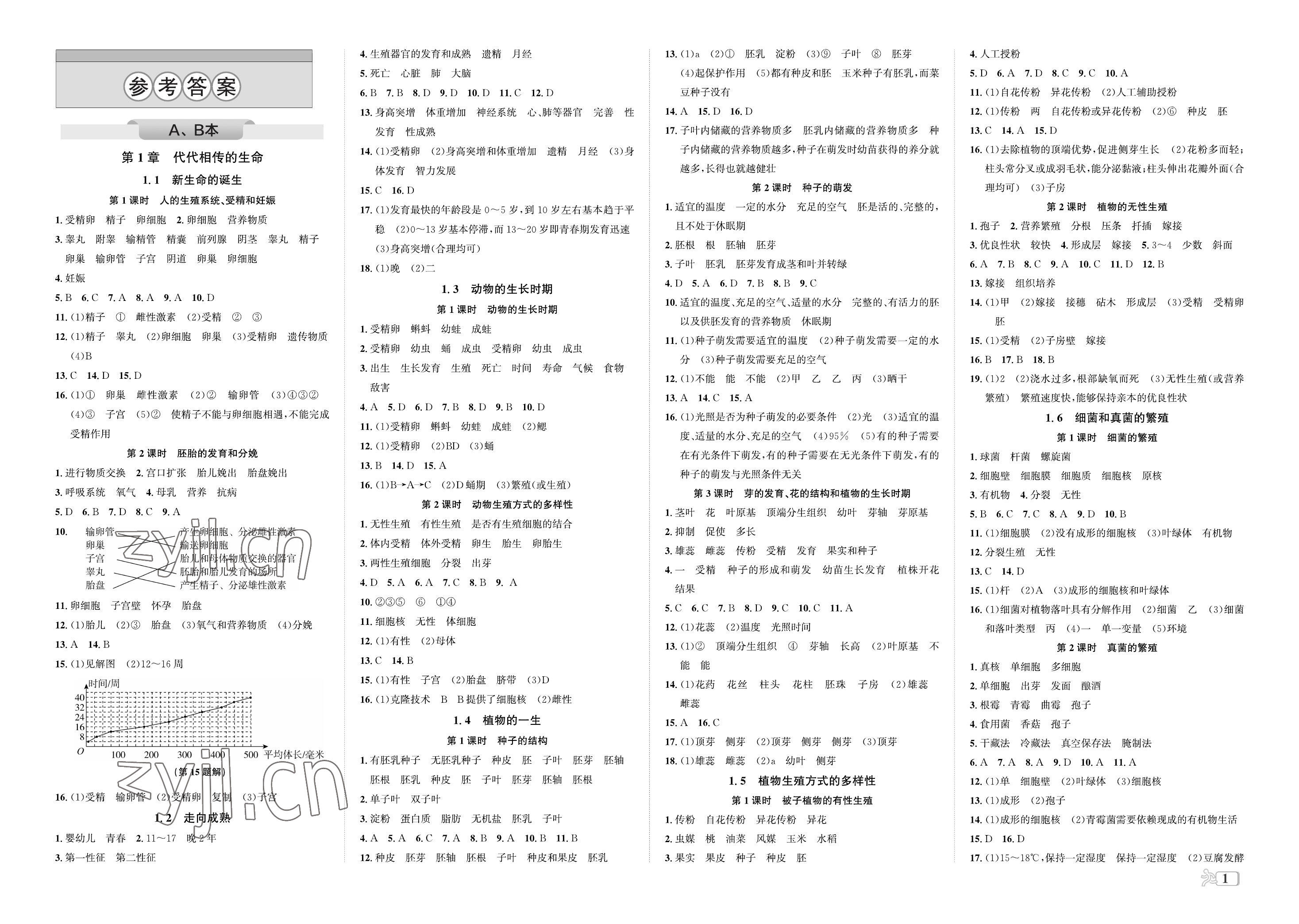 2023年自主輕松練七年級科學下冊浙教版 參考答案第1頁