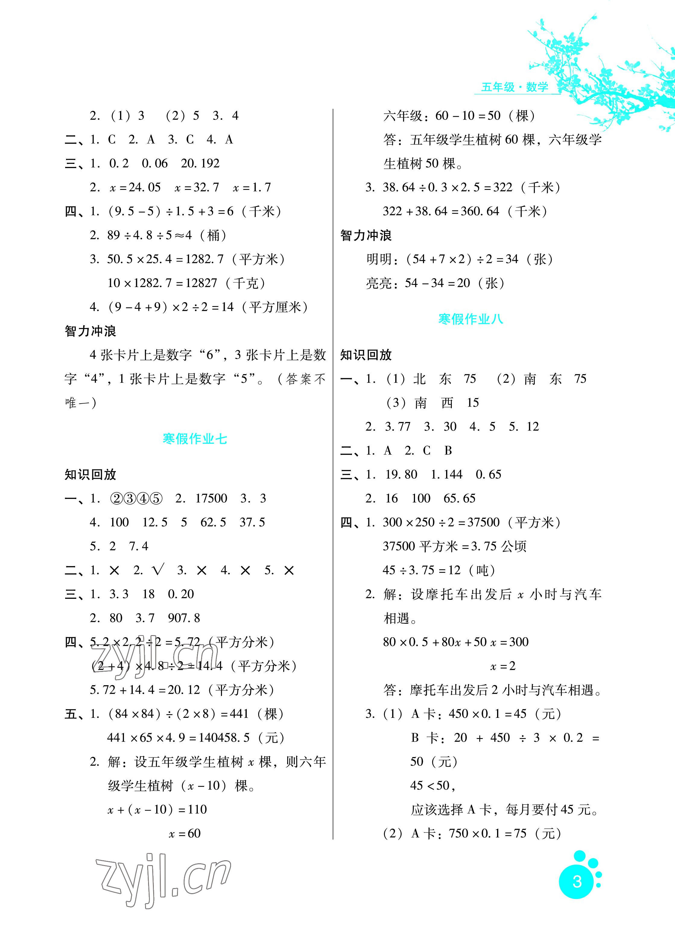 2023年寒假生活五年級(jí)數(shù)學(xué)冀教版河北少年兒童出版社 參考答案第3頁(yè)