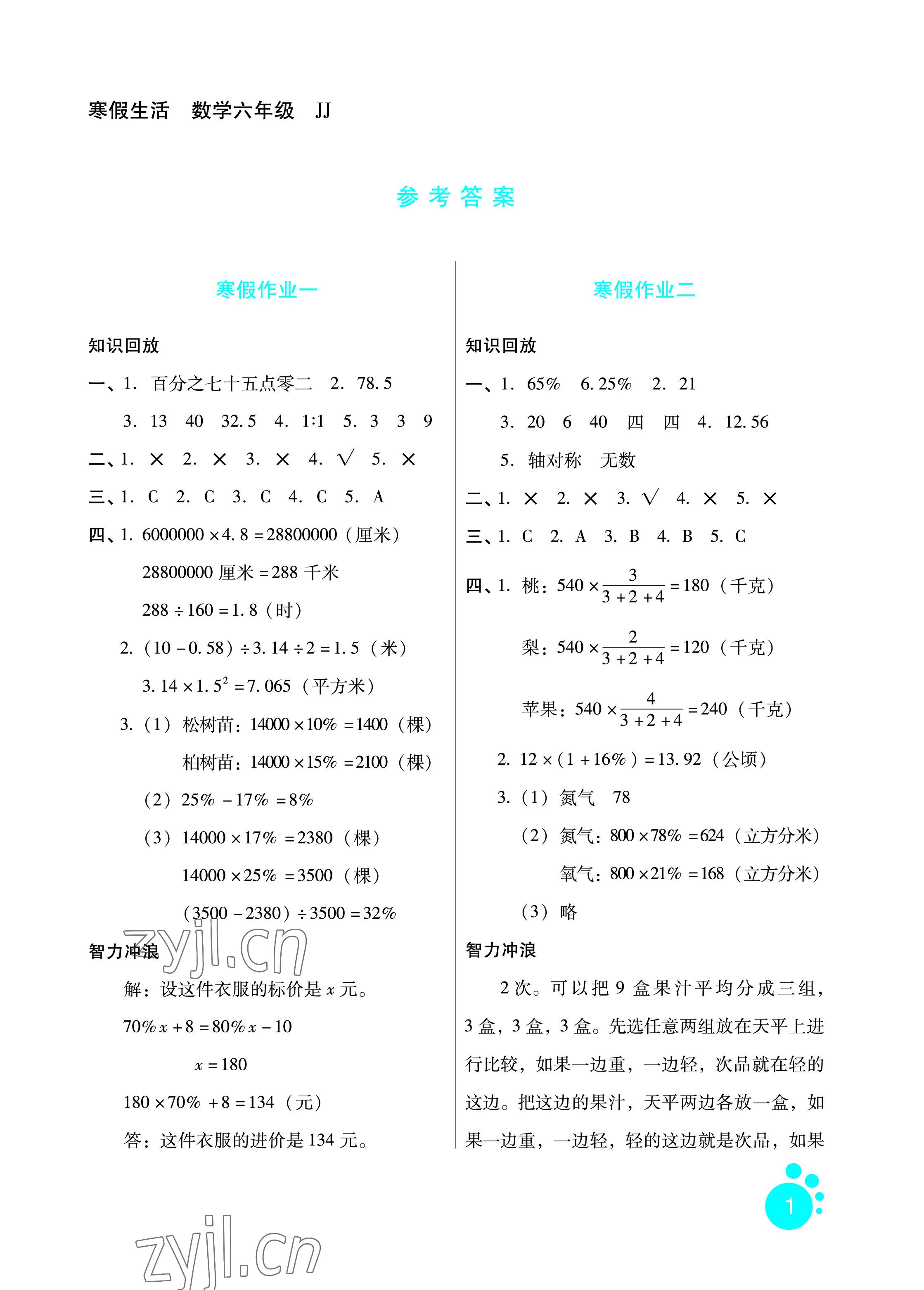 2023年寒假生活六年级数学冀教版河北少年儿童出版社 参考答案第1页