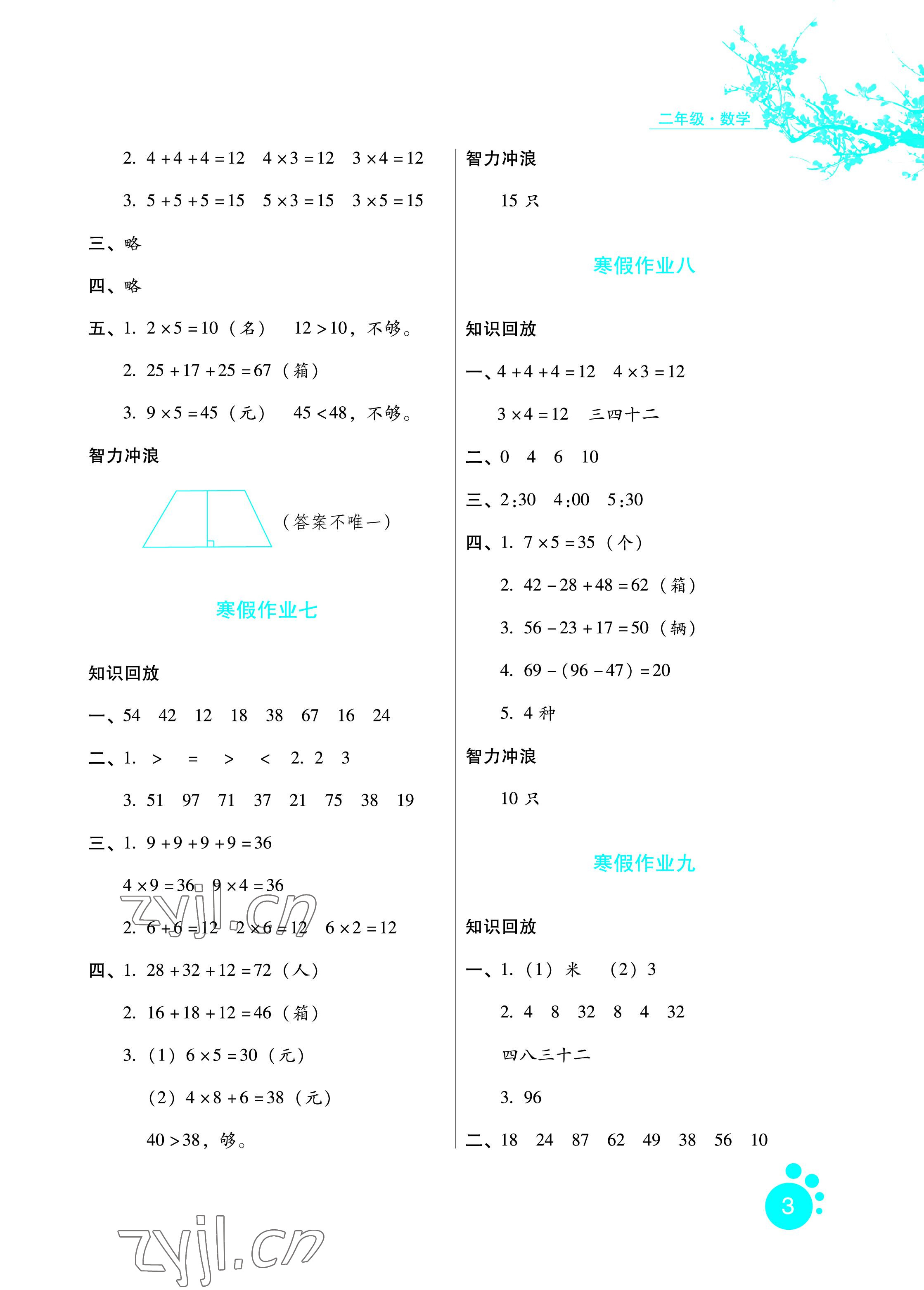 2023年寒假生活二年级数学通用版河北少年儿童出版社 参考答案第3页