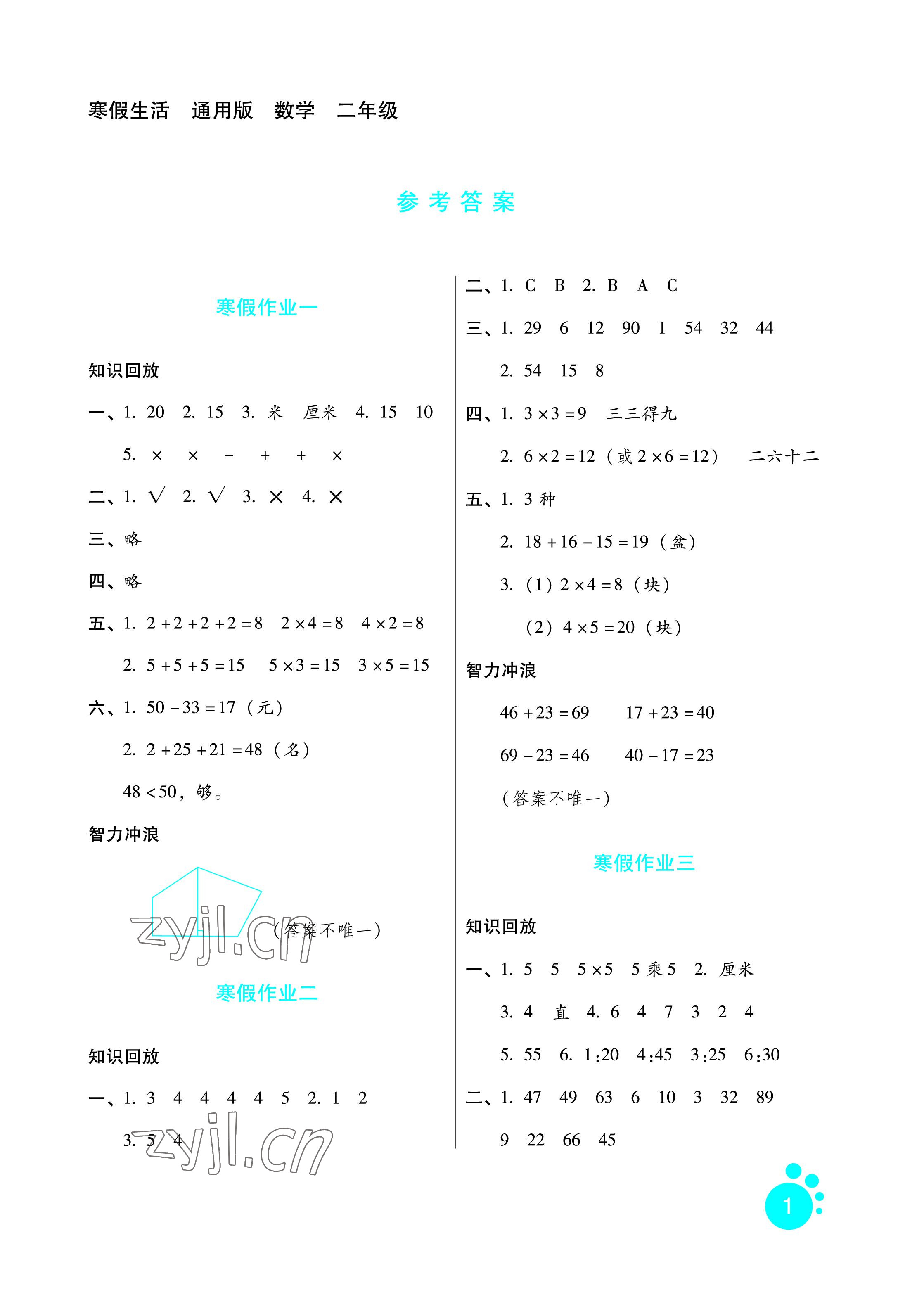 2023年寒假生活二年级数学通用版河北少年儿童出版社 参考答案第1页