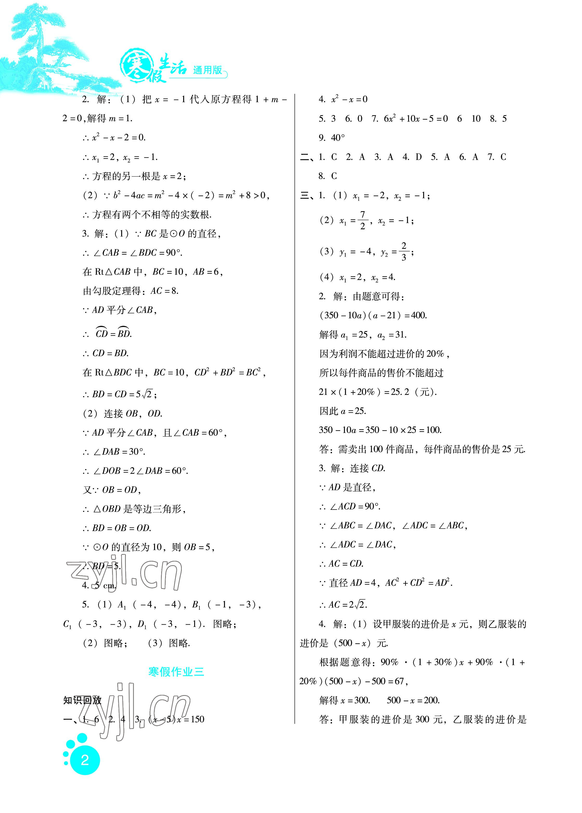 2023年寒假生活九年級(jí)數(shù)學(xué)通用版河北少年兒童出版社 參考答案第2頁