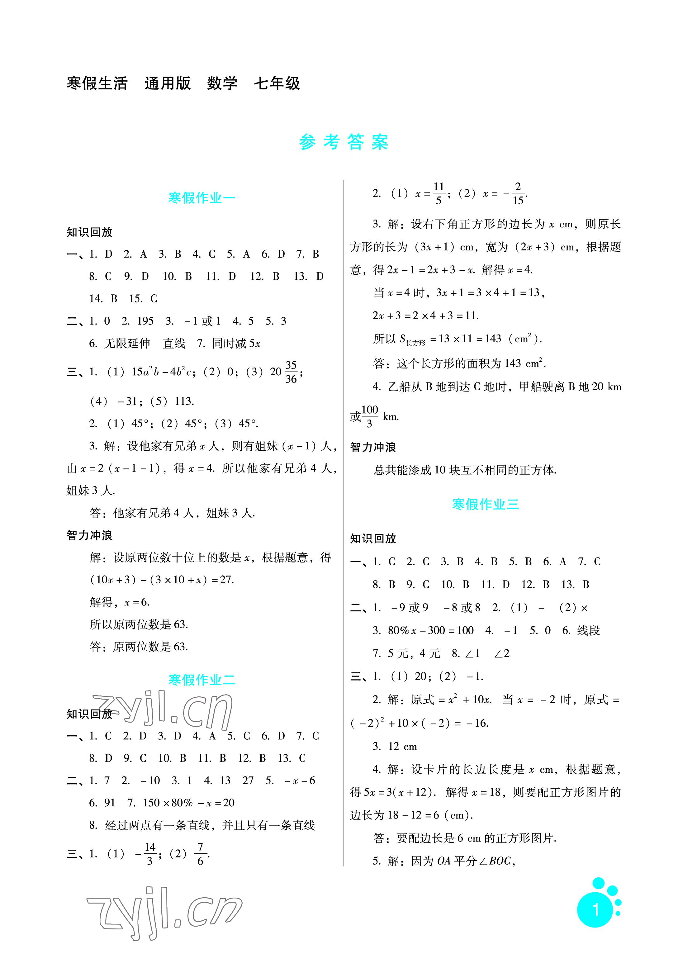 2023年寒假生活七年级数学通用版河北少年儿童出版社 参考答案第1页