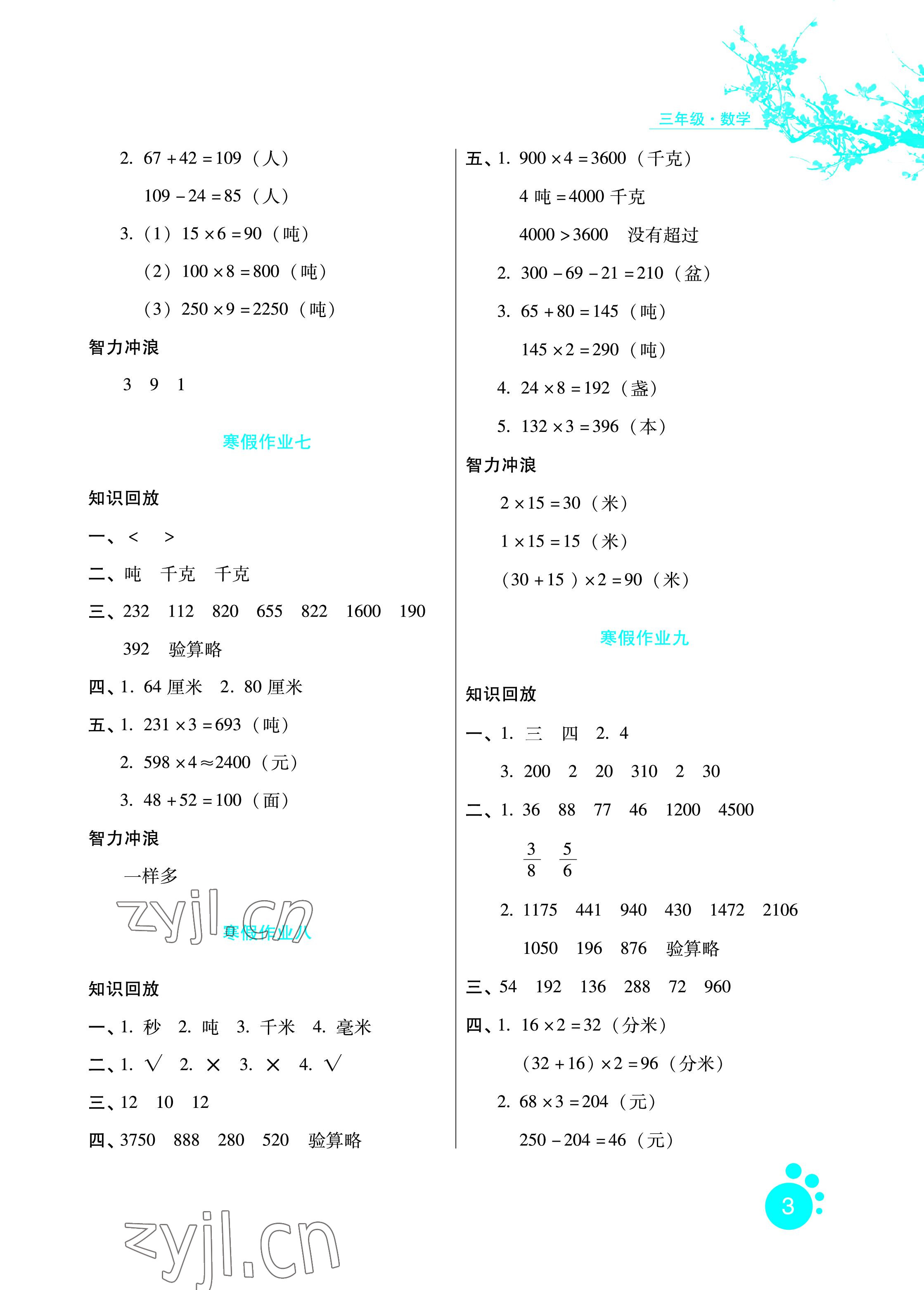 2023年寒假生活三年級(jí)數(shù)學(xué)通用版河北少年兒童出版社 參考答案第3頁