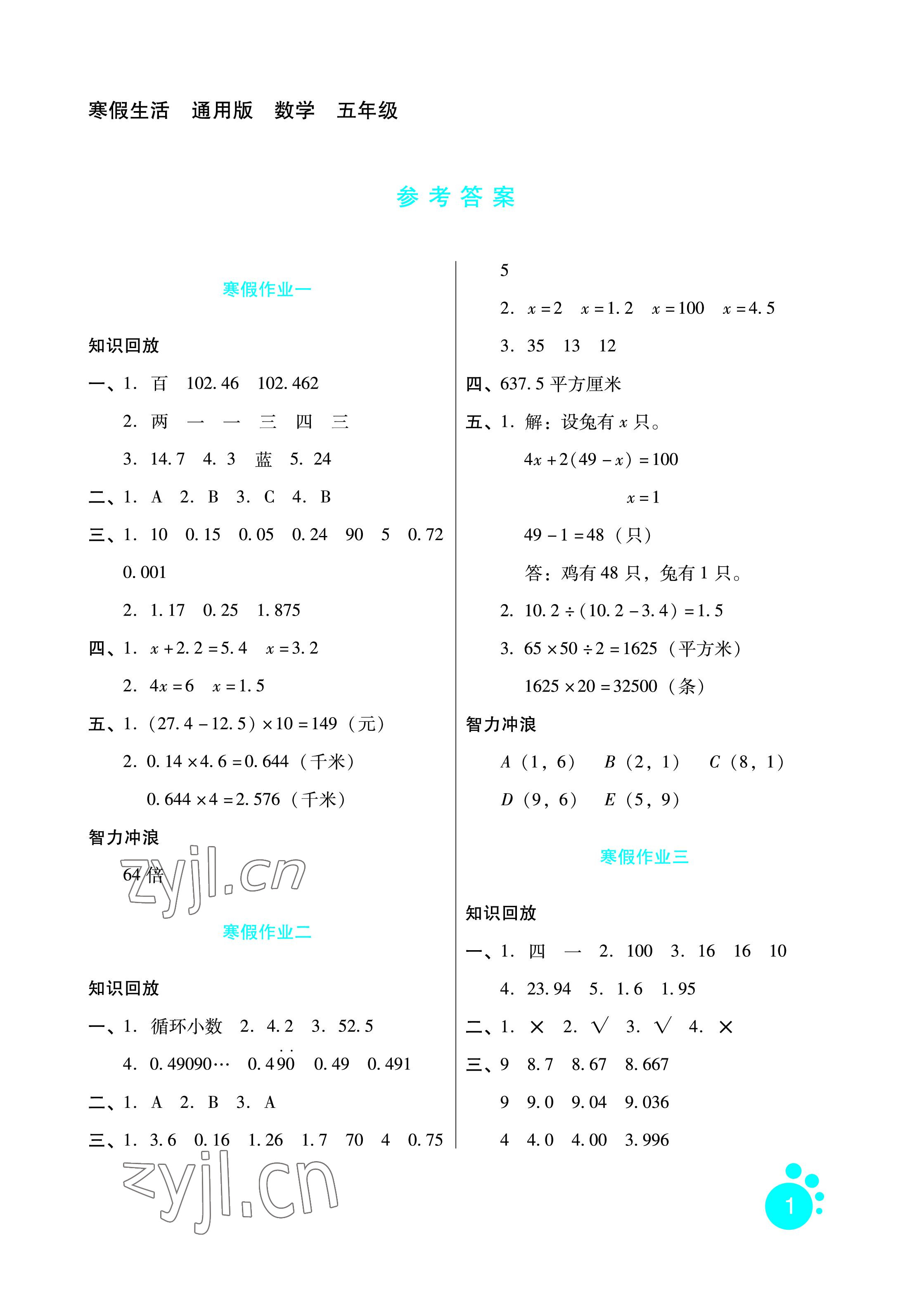 2023年寒假生活五年级数学通用版河北少年儿童出版社 参考答案第1页