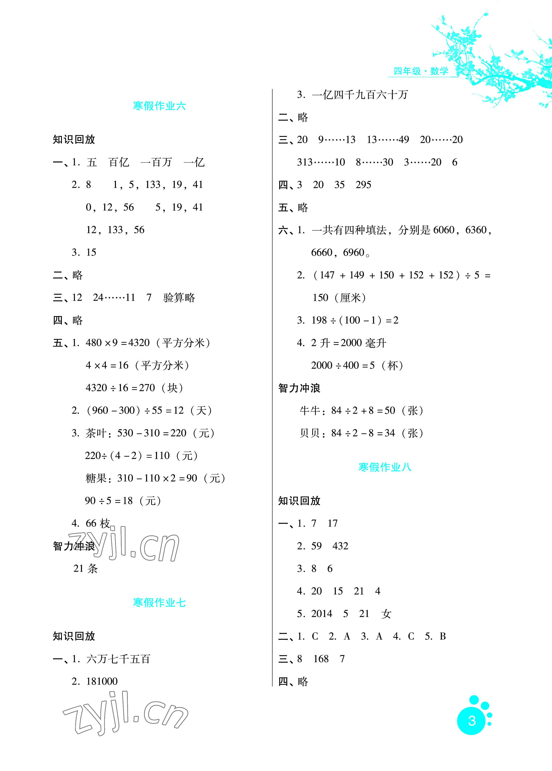 2023年寒假生活四年级数学冀教版河北人民出版社 参考答案第3页