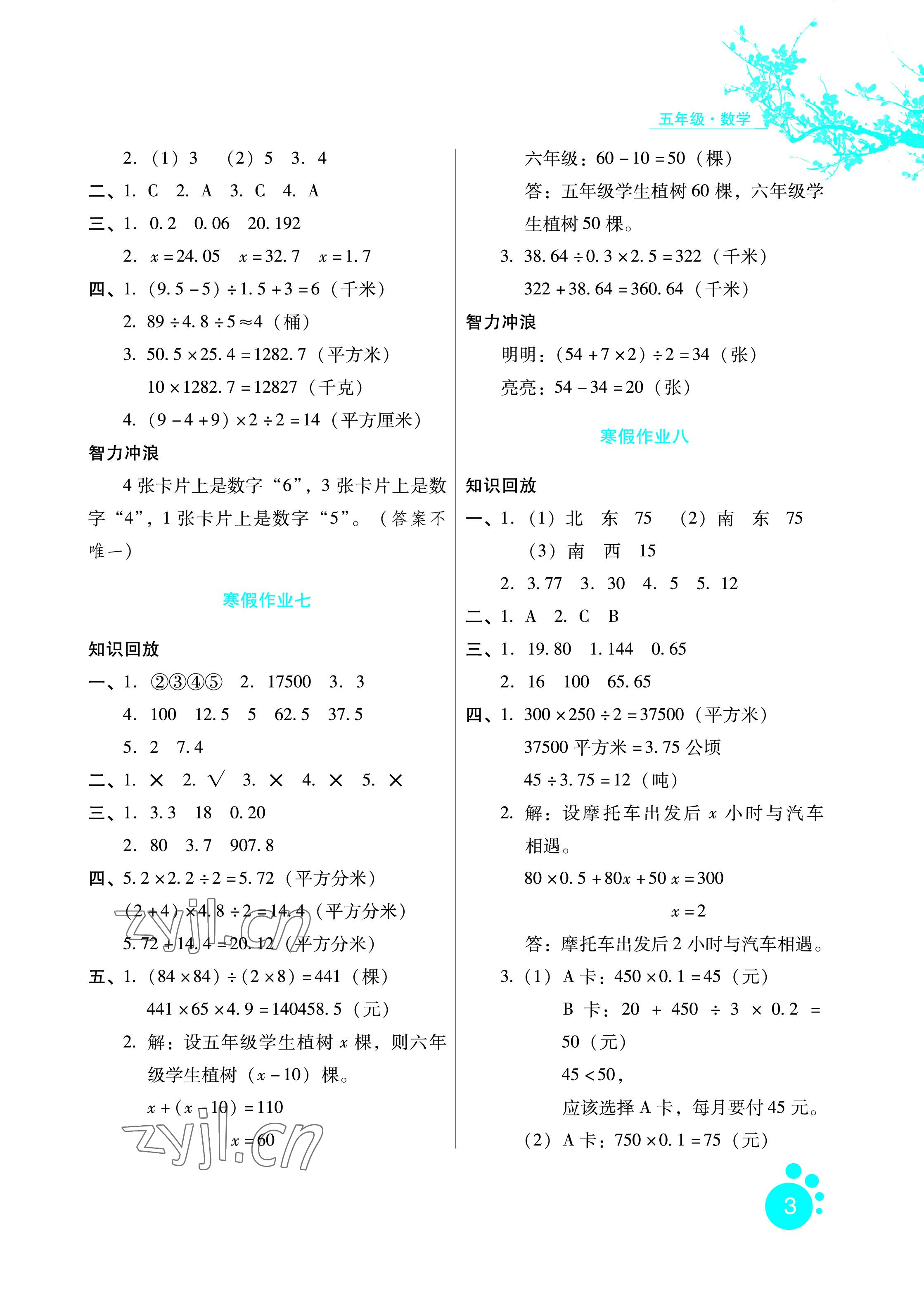 2023年寒假生活五年級(jí)數(shù)學(xué)冀教版河北人民出版社 參考答案第3頁(yè)