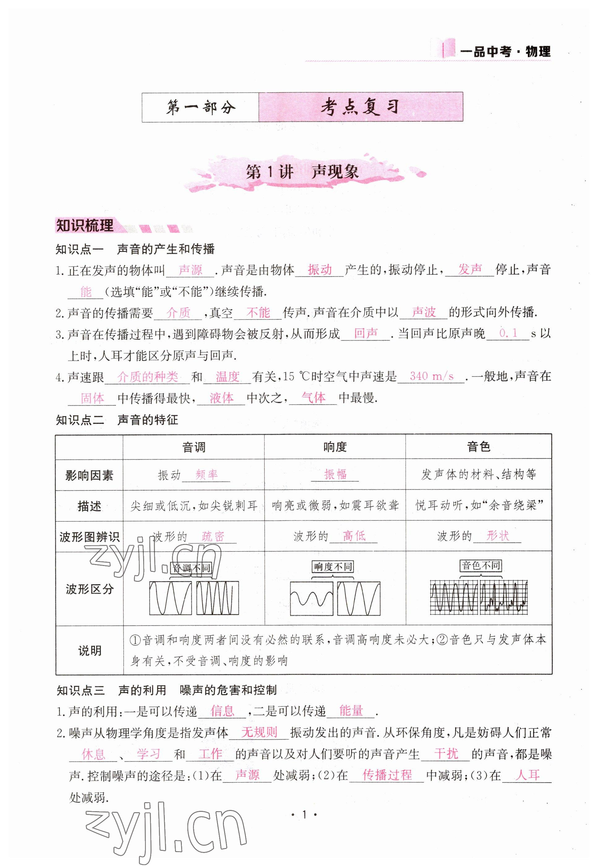 2023年一品中考物理 參考答案第1頁