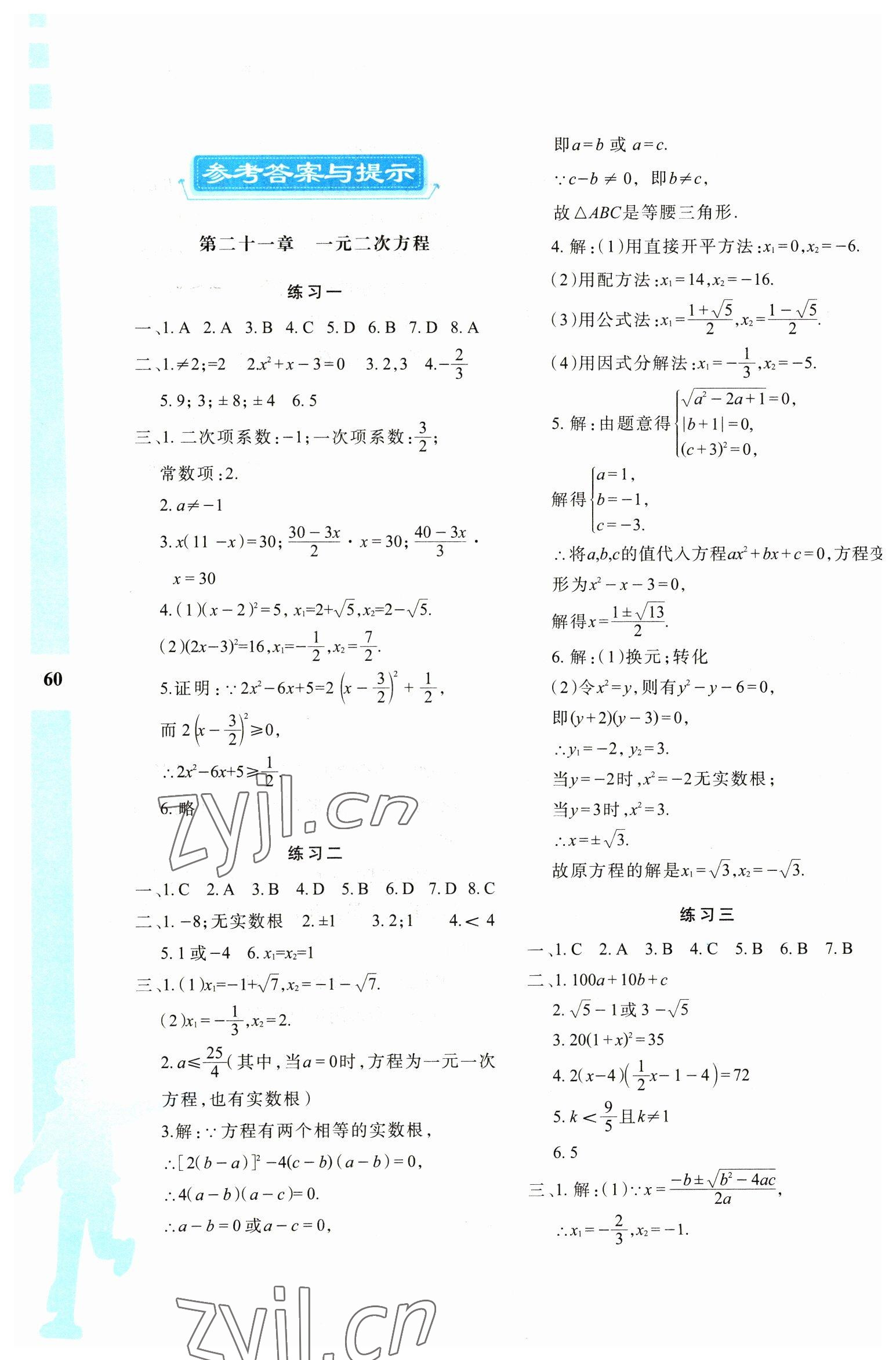 2023年寒假作业与生活陕西人民教育出版社九年级数学A版 参考答案第1页