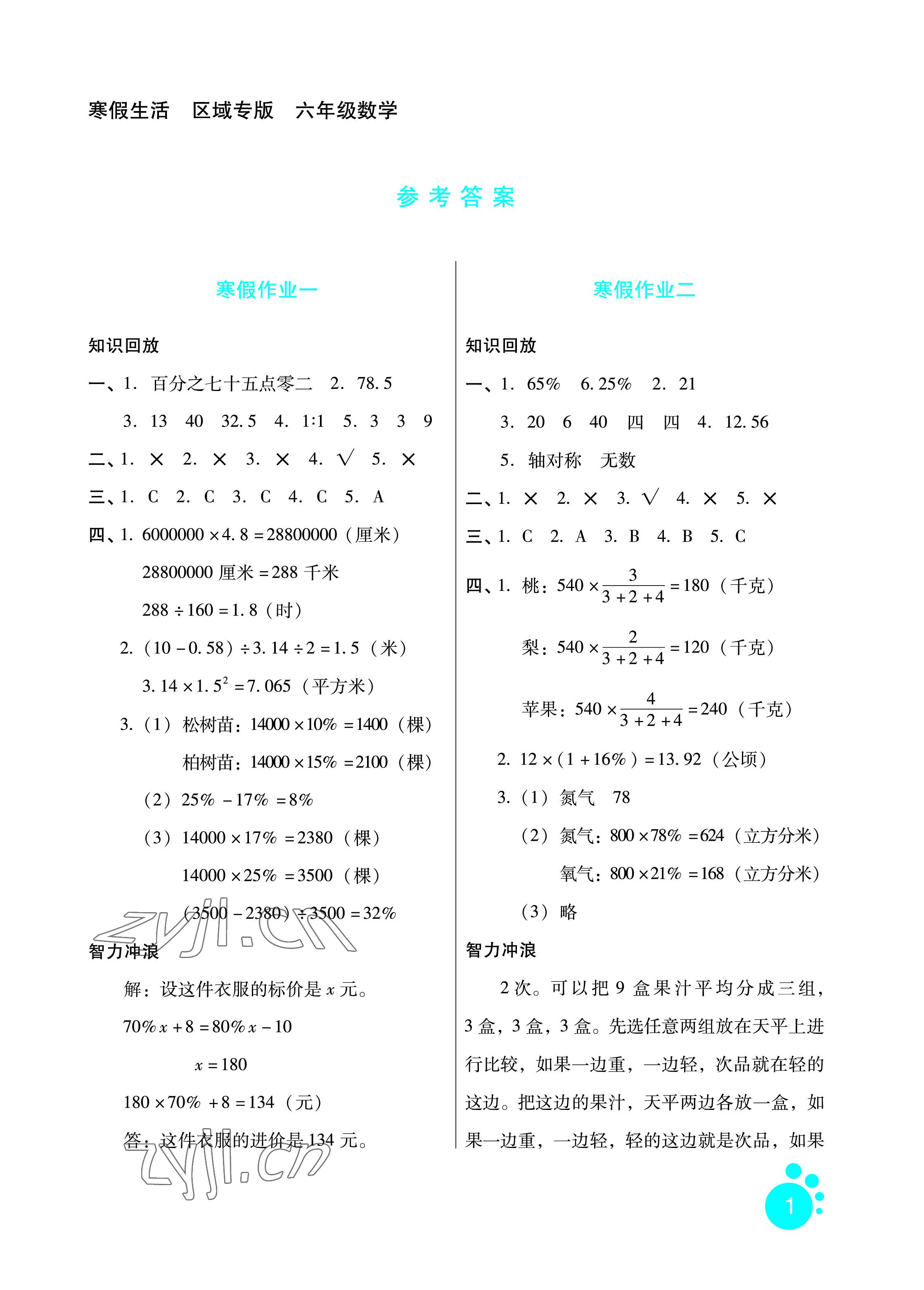 2023年寒假生活六年級數(shù)學(xué)區(qū)域?qū)０婧颖比嗣癯霭嫔?nbsp;參考答案第1頁