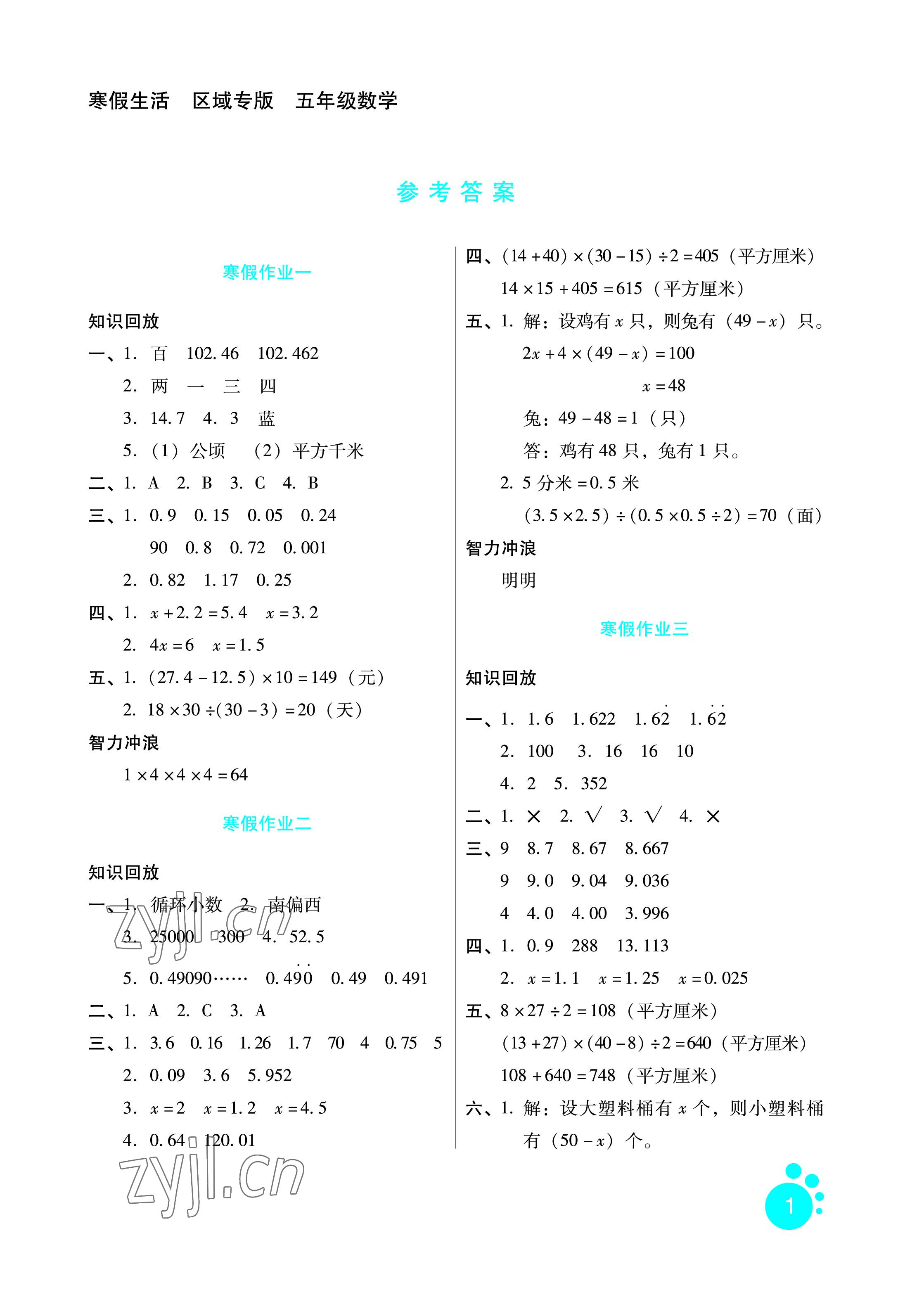 2023年寒假生活五年级数学区域专版河北人民出版社 参考答案第1页