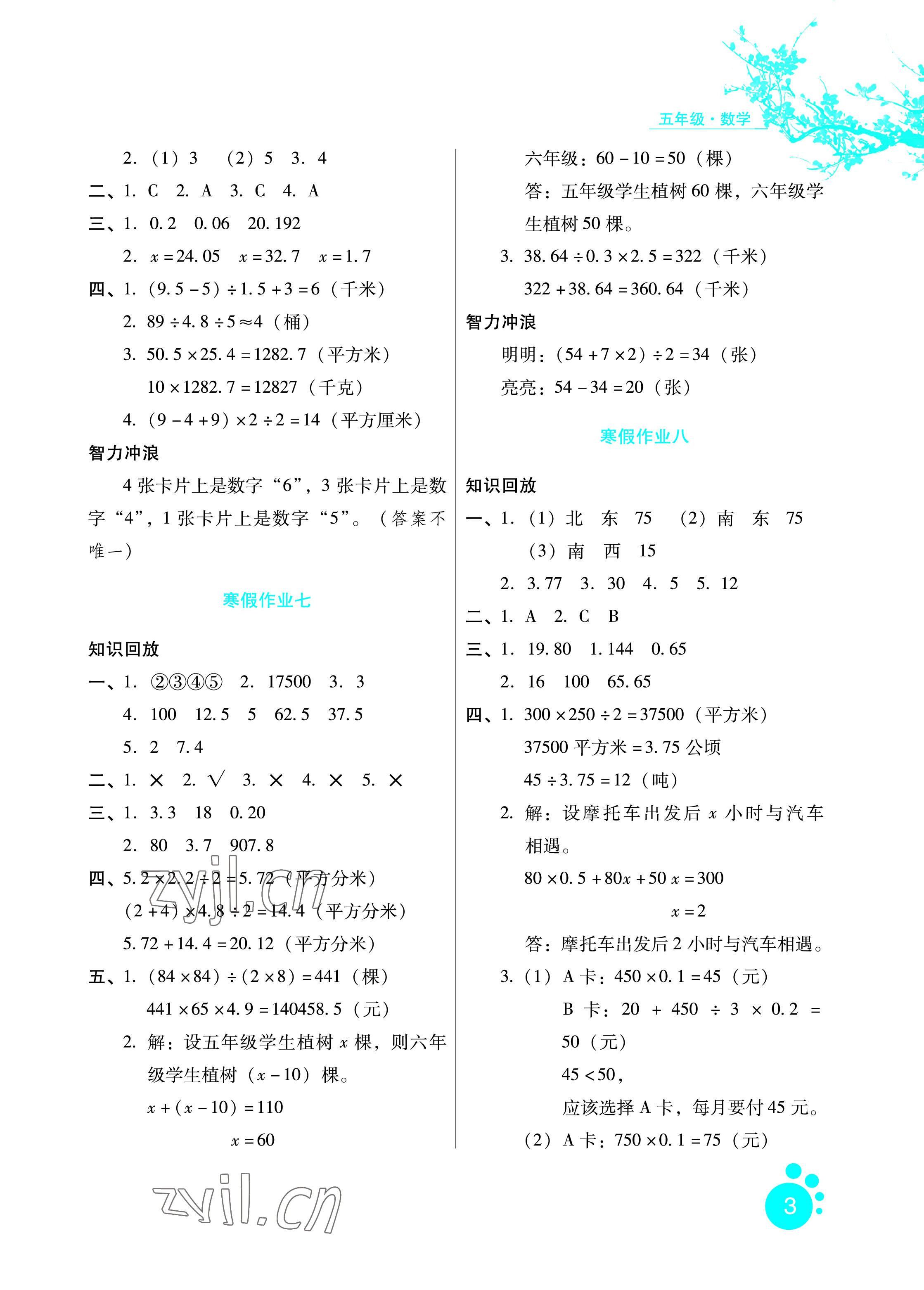 2023年寒假生活五年级数学区域专版河北人民出版社 参考答案第3页