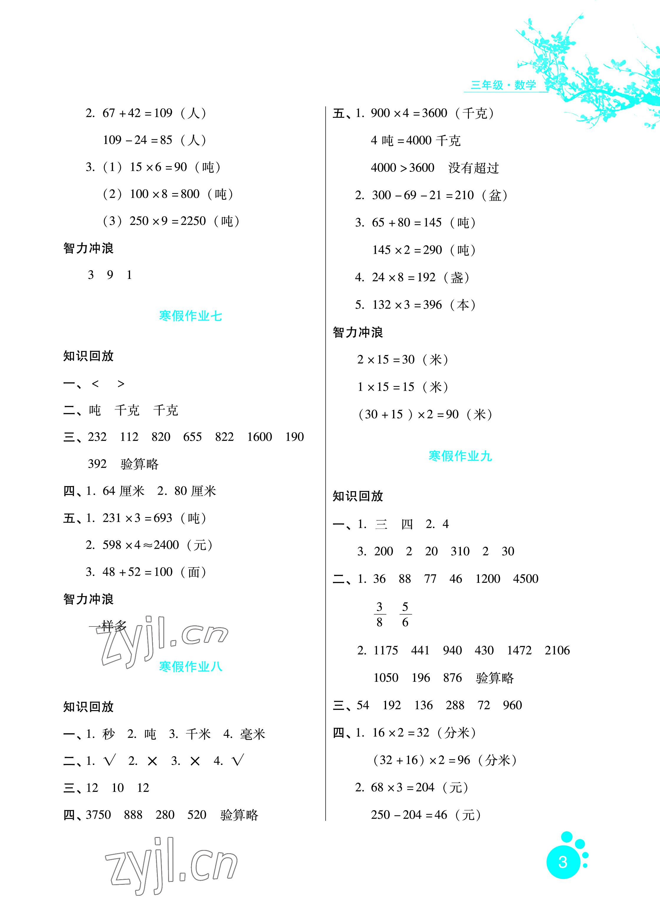 2023年寒假生活三年級(jí)數(shù)學(xué)區(qū)域?qū)０婧颖比嗣癯霭嫔?nbsp;參考答案第3頁(yè)