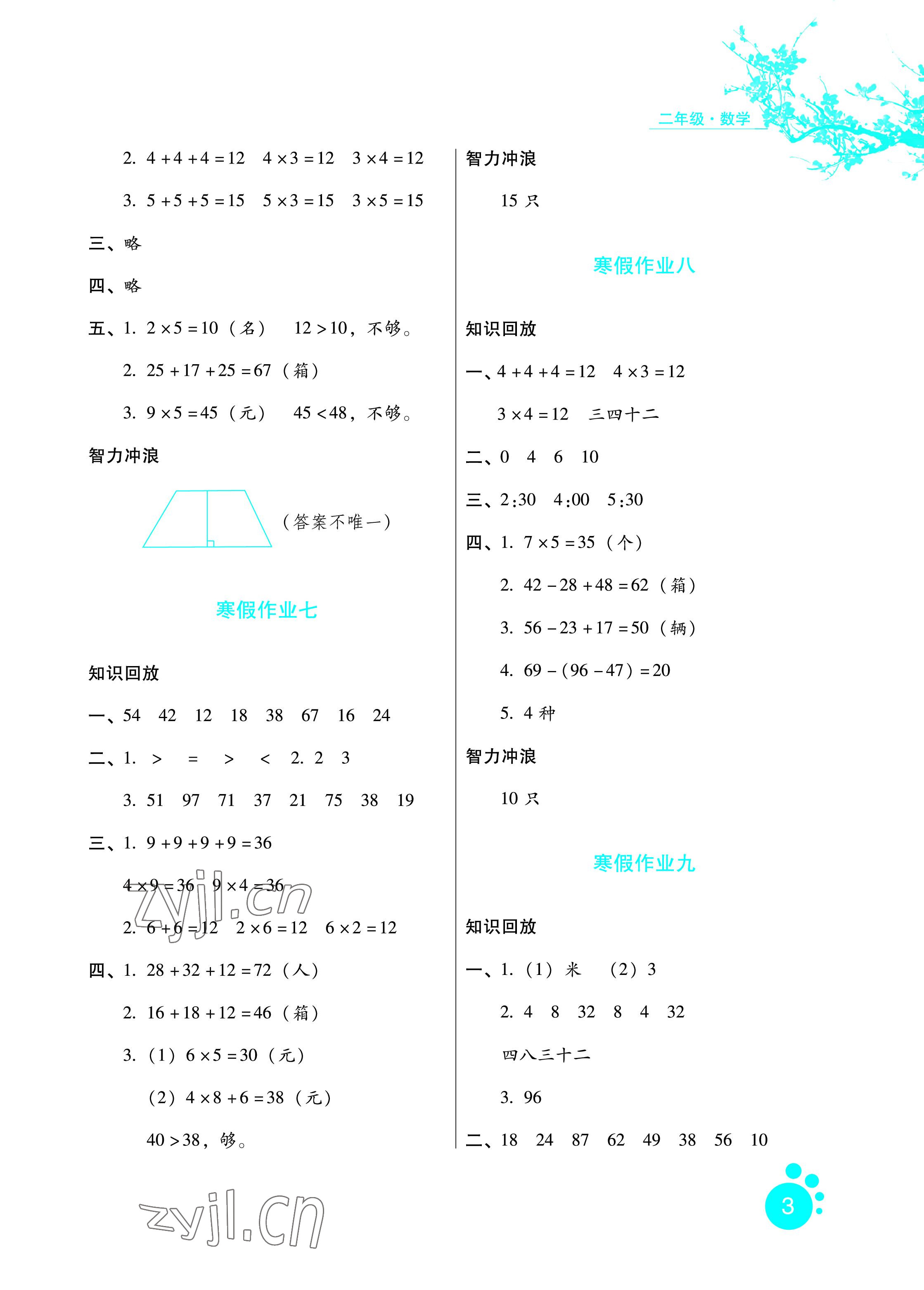 2023年寒假生活二年級數(shù)學河北人民出版社 參考答案第3頁