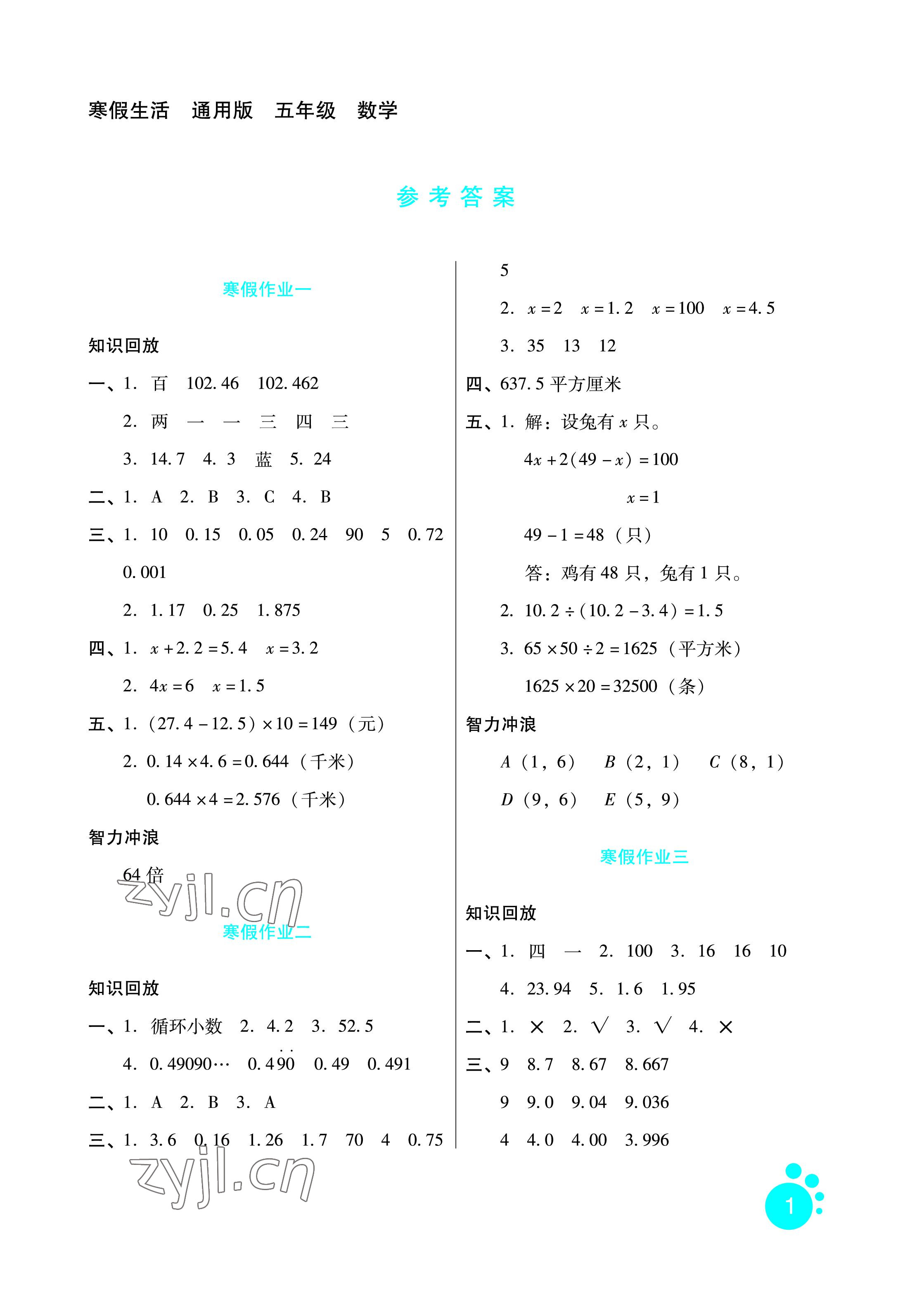 2023年寒假生活五年級數學河北人民出版社 參考答案第1頁