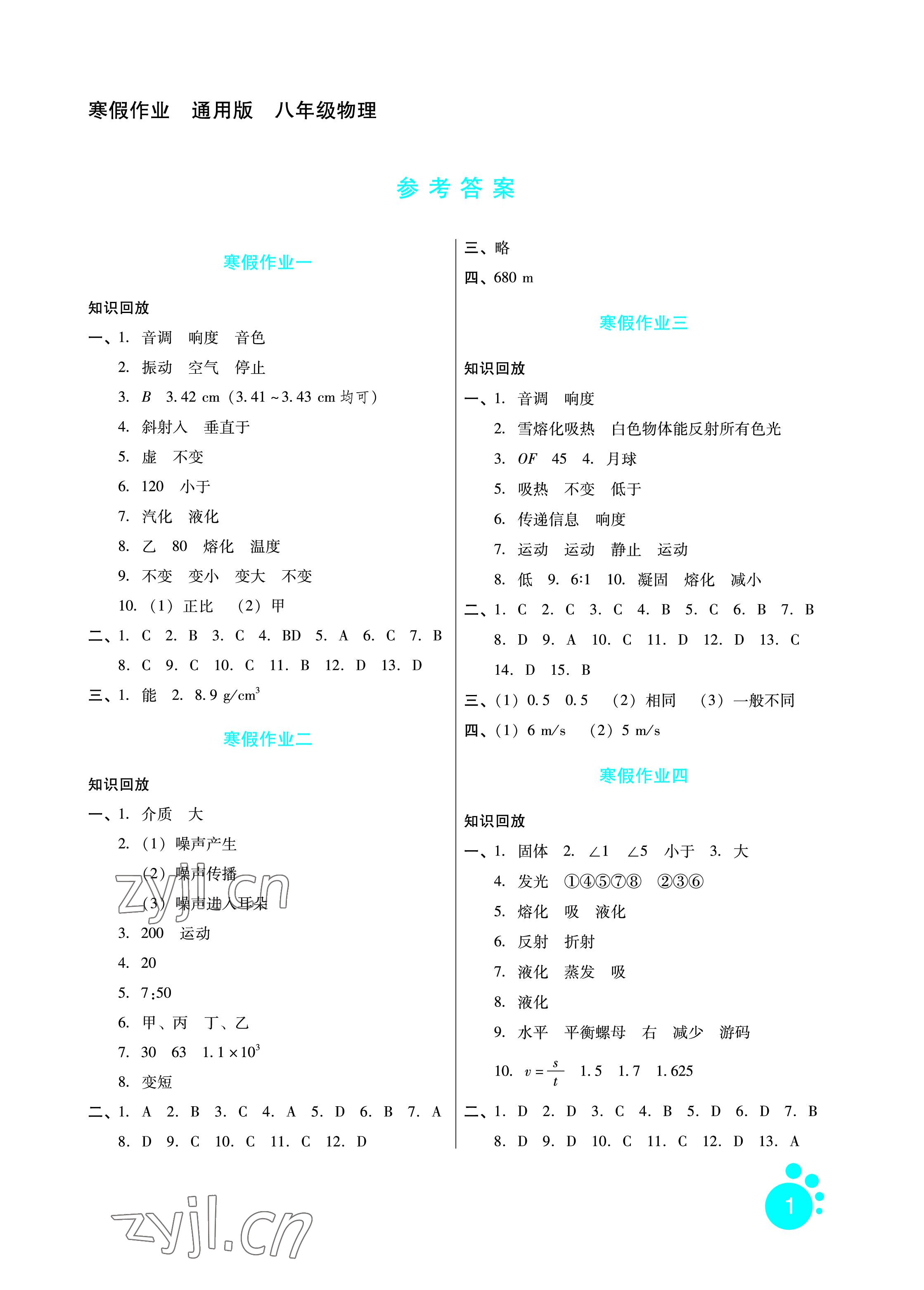 2023年寒假作業(yè)八年級物理河北人民出版社 參考答案第1頁