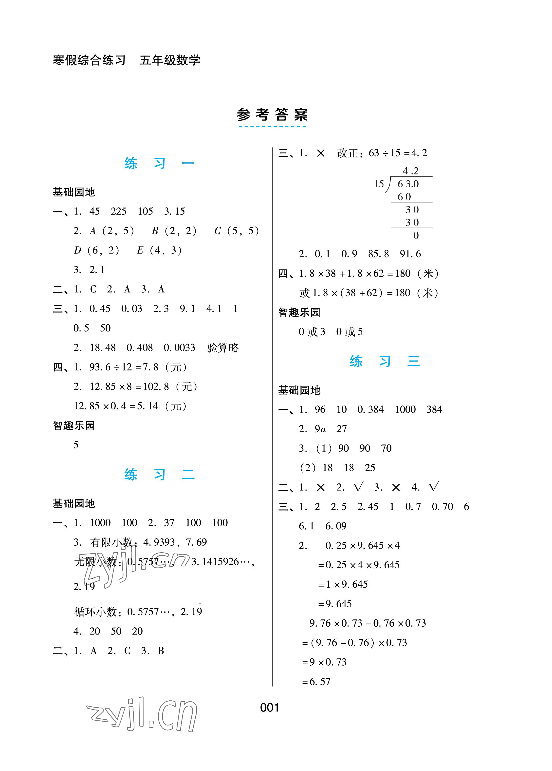 2023年寒假綜合練習(xí)五年級數(shù)學(xué)人教版 參考答案第1頁