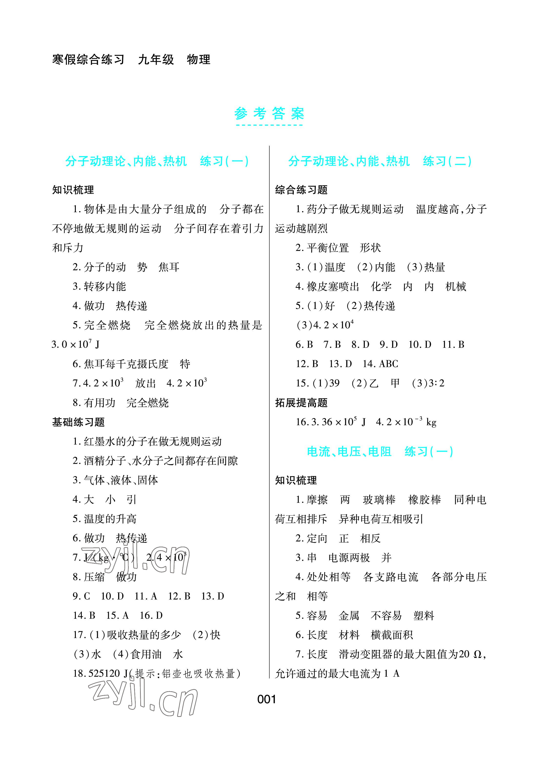 2023年寒假綜合練習(xí)九年級(jí)物理 參考答案第1頁(yè)