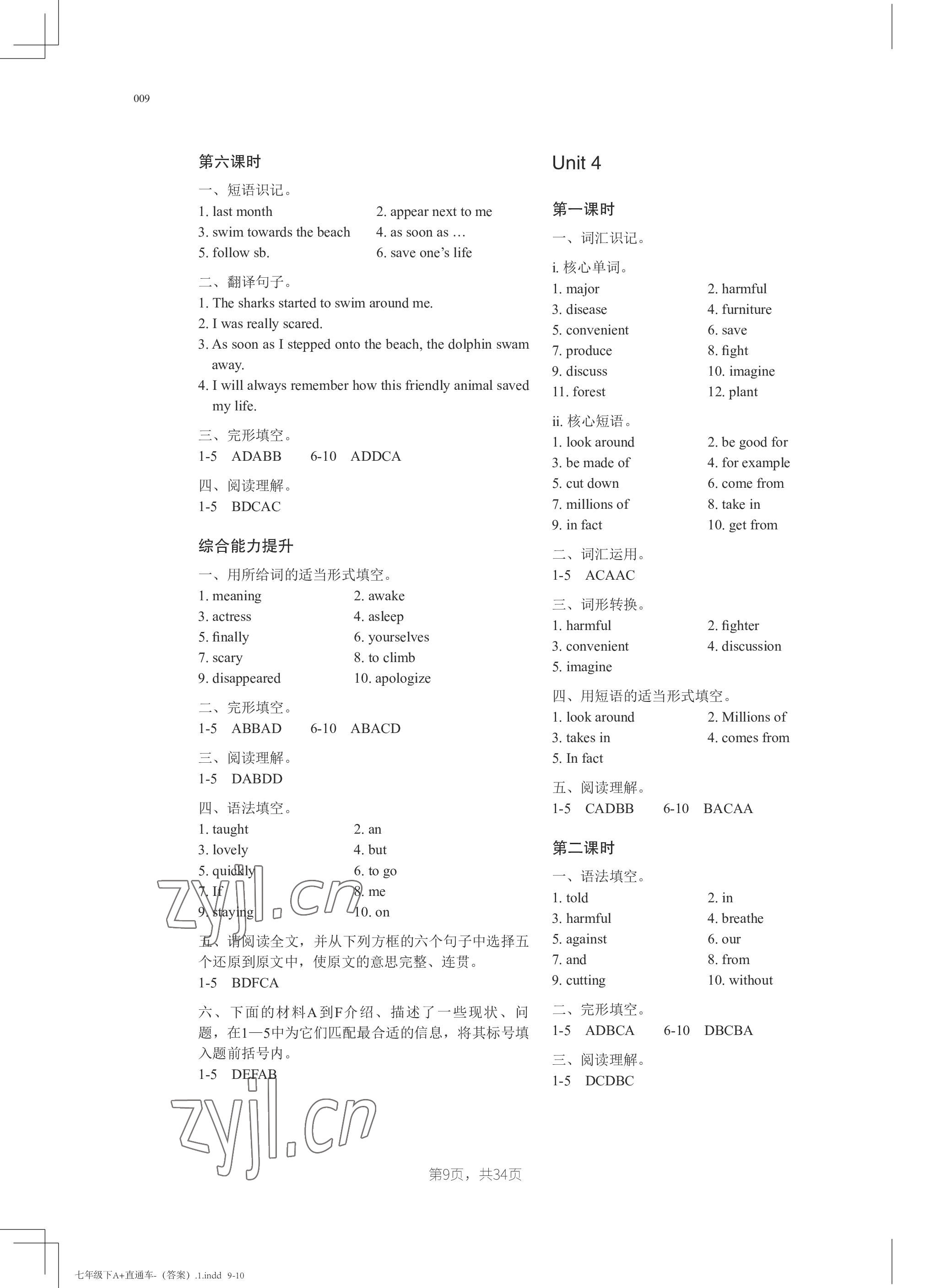 2023年A加直通車同步練習(xí)七年級英語下冊滬教版 參考答案第9頁