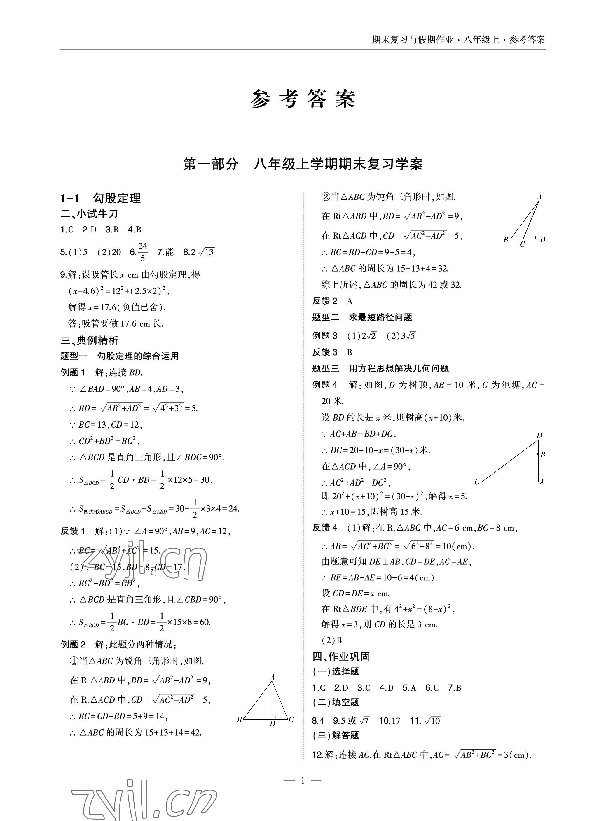 2022年智能作業(yè)與測評期末復(fù)習(xí)與假期作業(yè)八年級數(shù)學(xué)上冊北師大版 參考答案第1頁