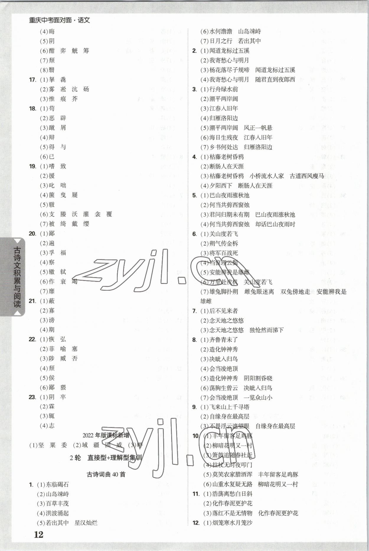 2023年重慶中考面對面語文 參考答案第12頁